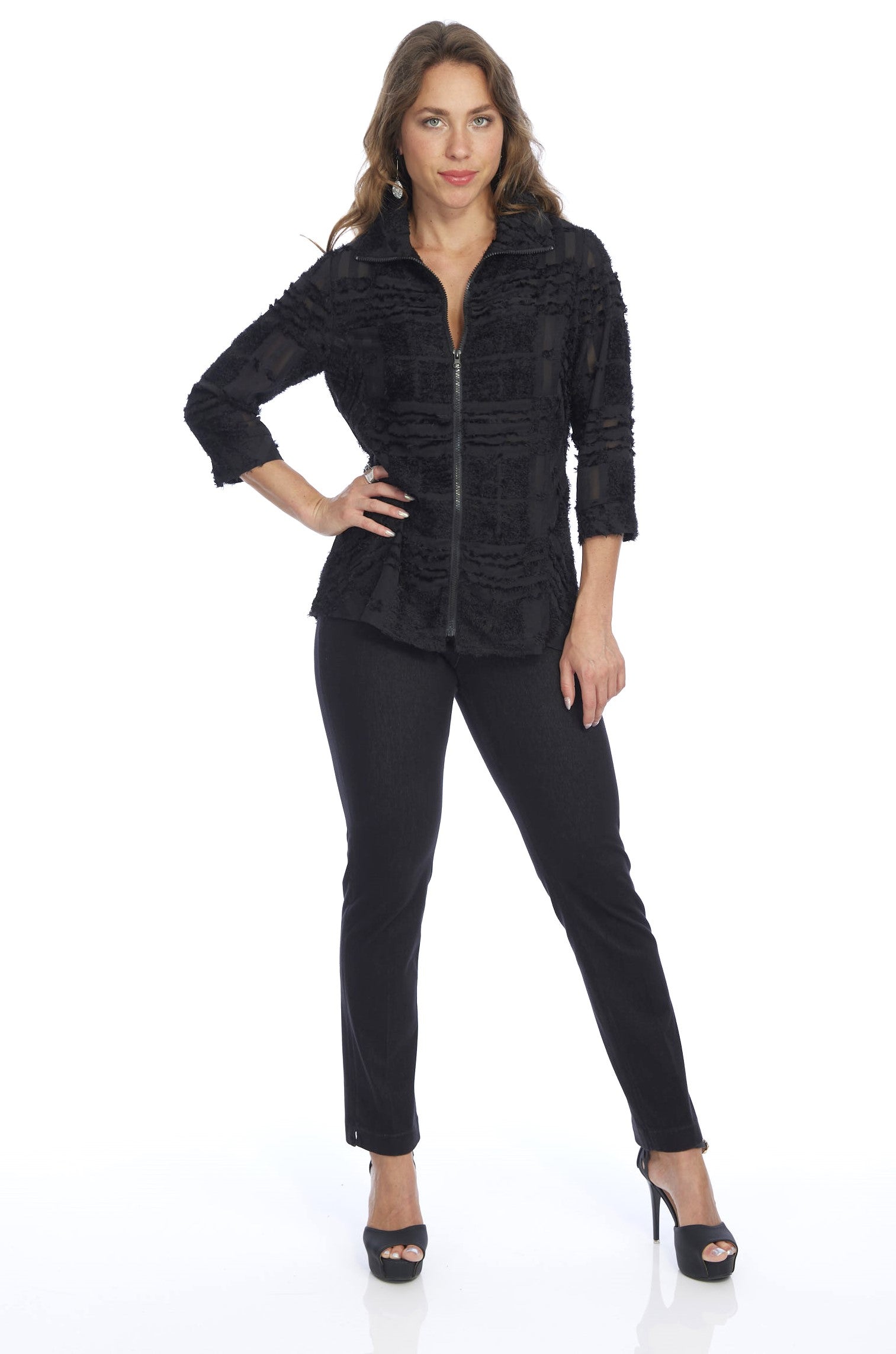 Elegant Black Semi Sheer Zipper Jacket | VICTORIA LIOR