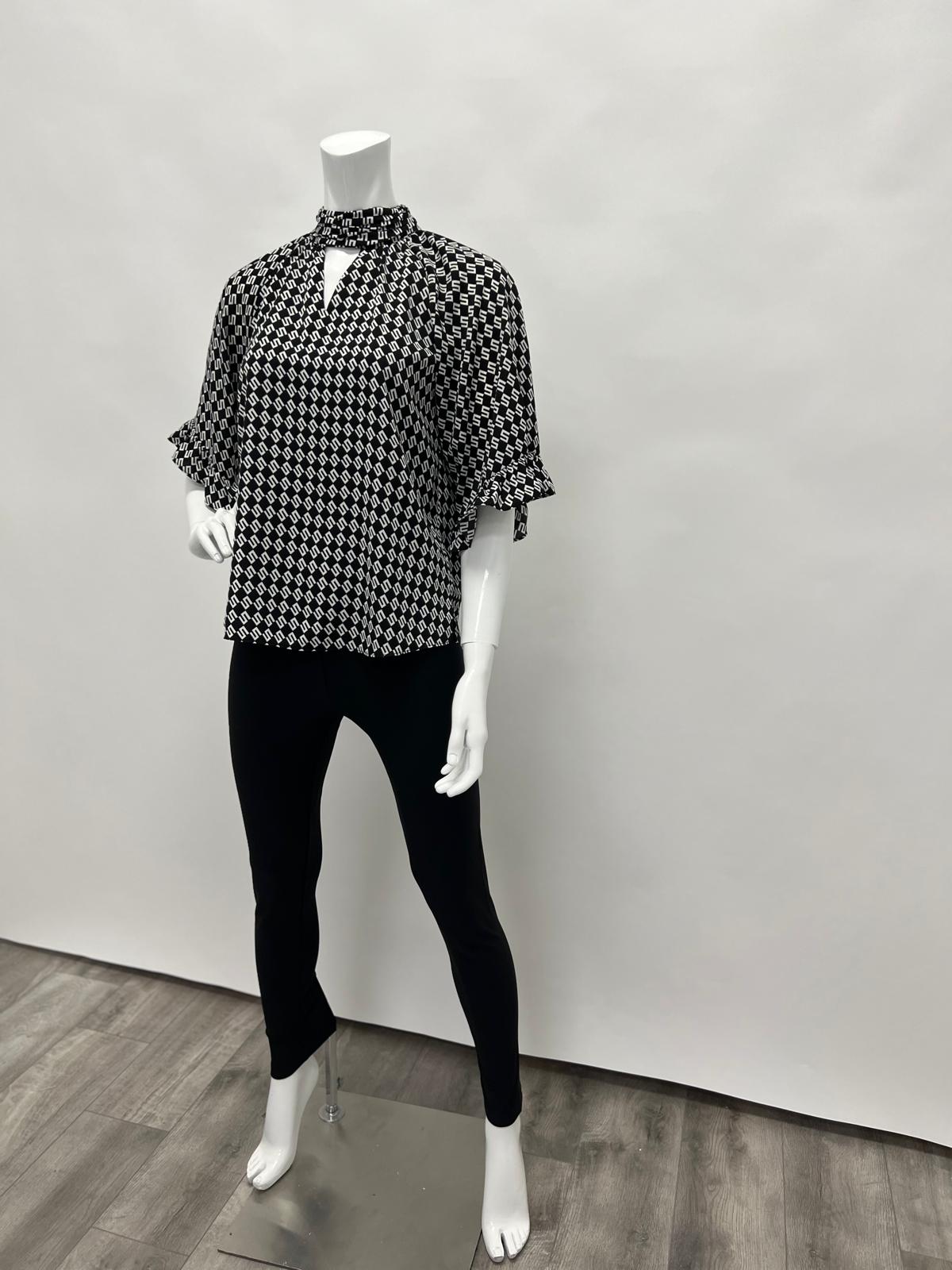 Women's Black & White Diamond Print Blouse Gathered Neck | LIOR