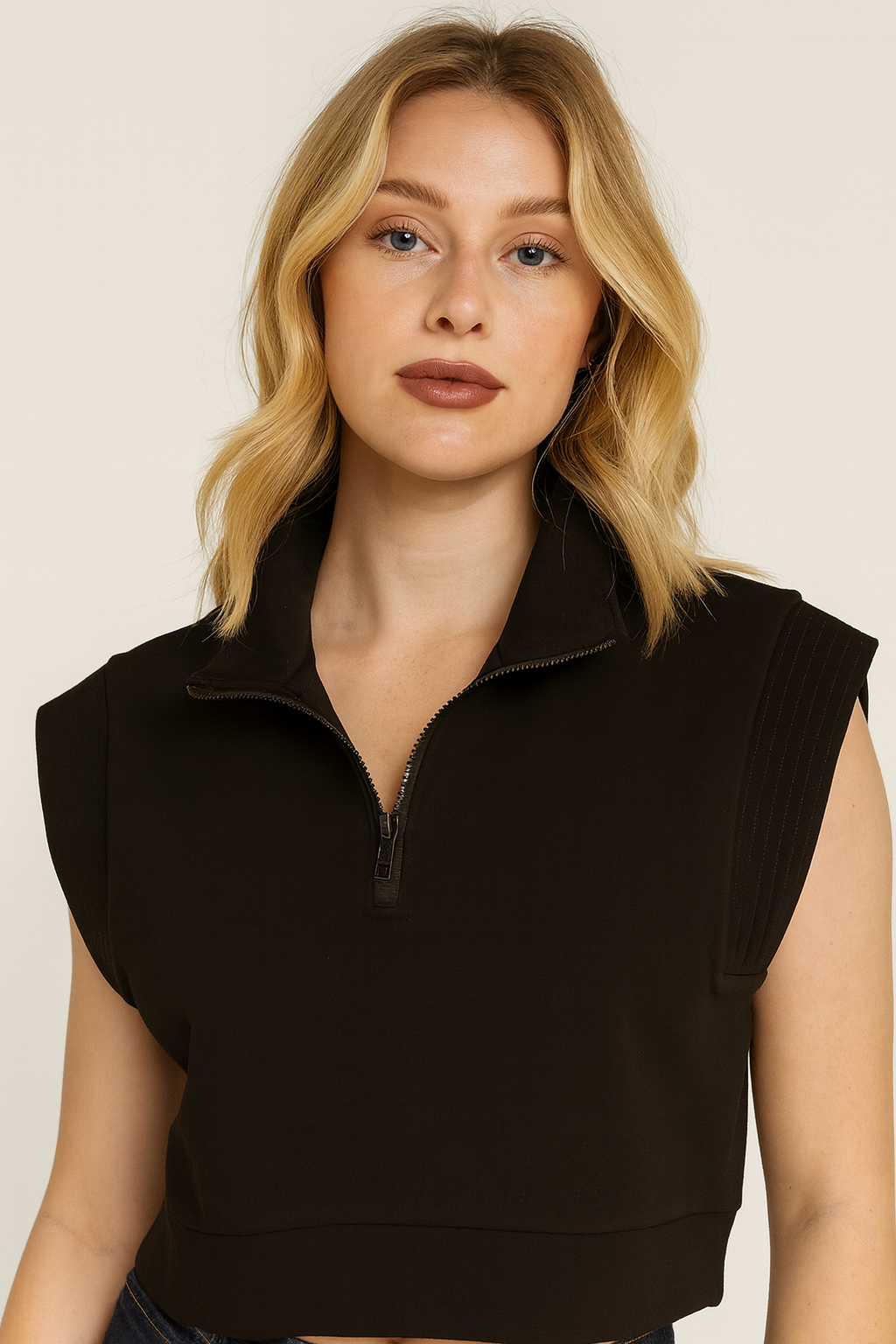Cropped Cap Sleeve Top With Zip Up Collar - "Zac T