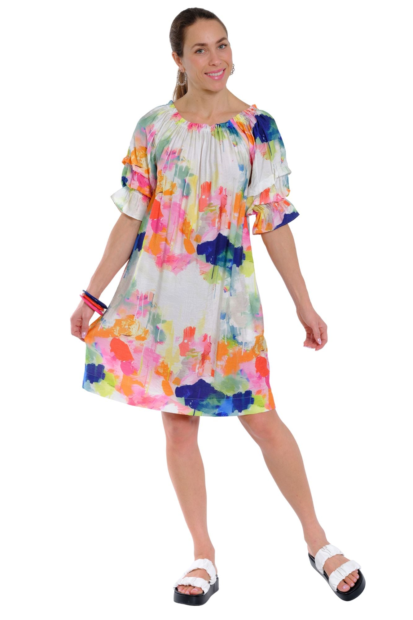 Ruffle sleeve knee length dress for women with elastic neck design