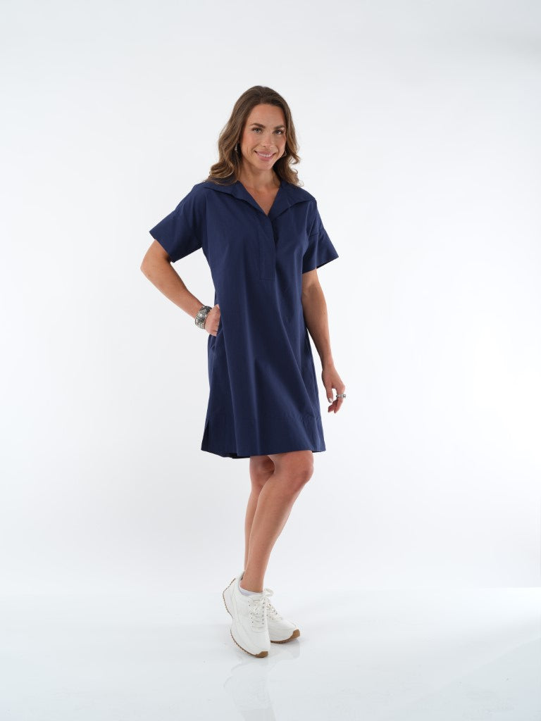LIOR Women's Cotton Short Sleeve Knee Length Dress With Collar Side Pockets - "Agnes"