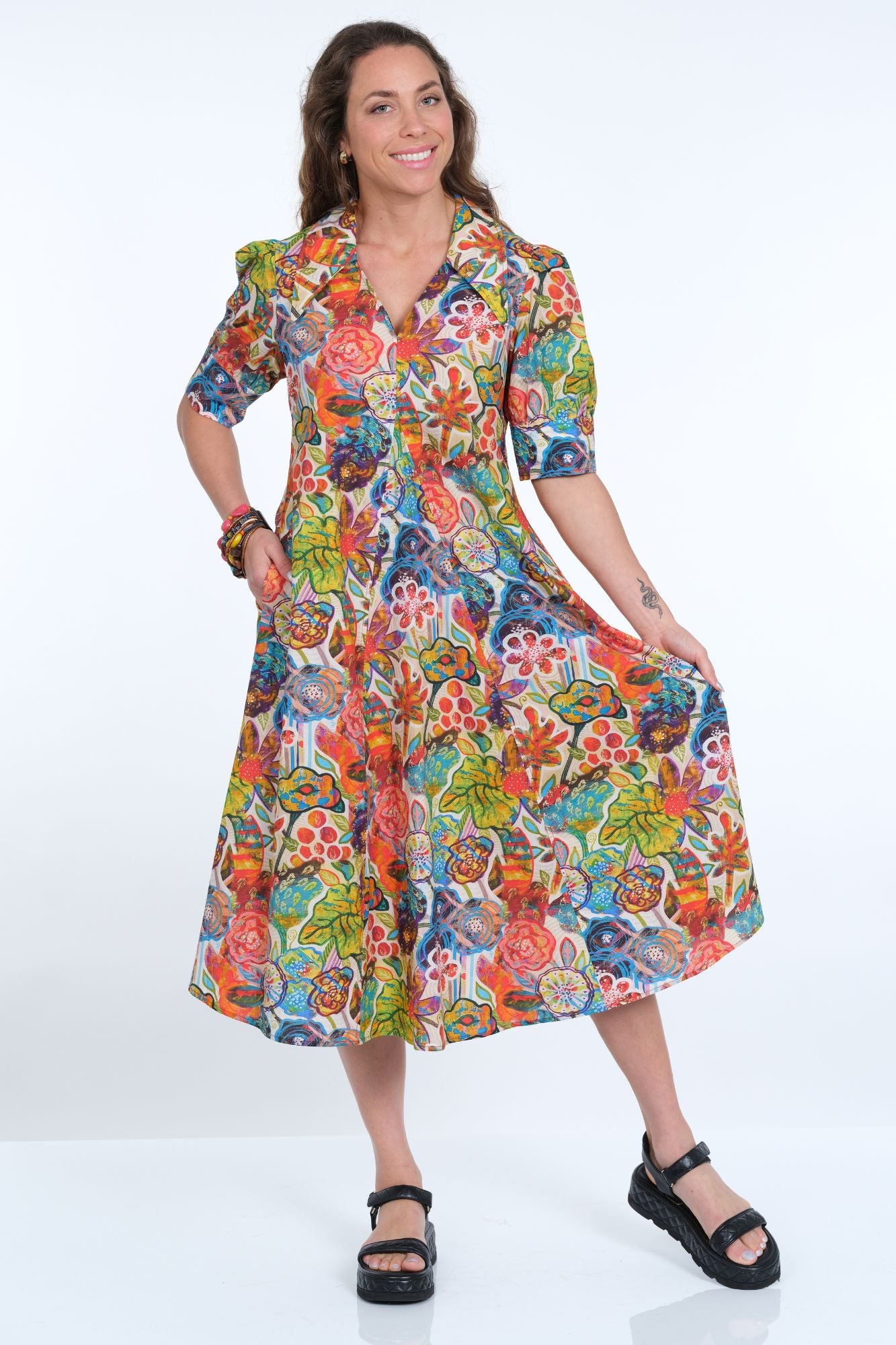 LIOR Women's Floral Puff Sleeve Midi Dress With Pointed Collar - "Amber"