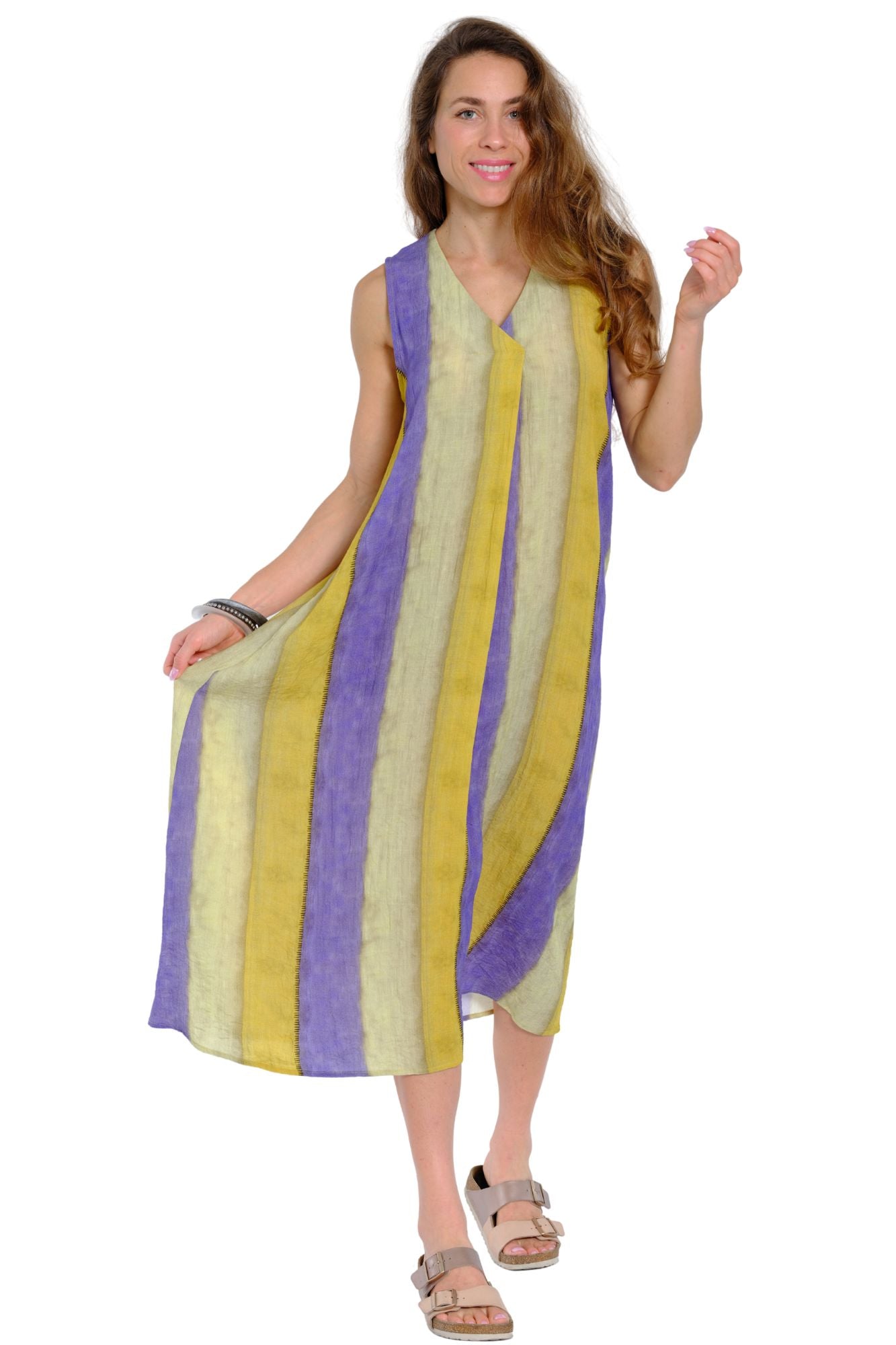 Women's sleeveless midi dress in striped pattern lightweight summer resort outfit