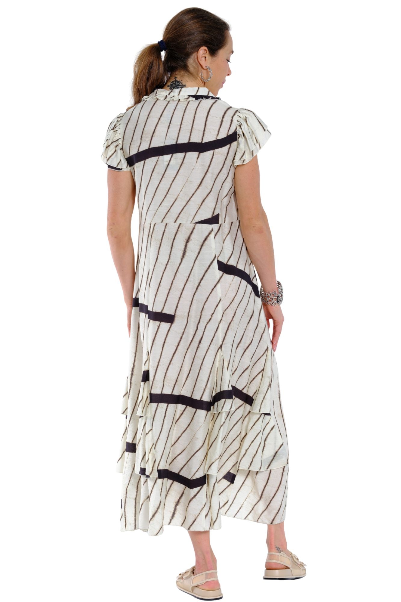 LIOR Armenia short-sleeve button-down midi dress in cream and navy stripes, relaxed A-line silhouette