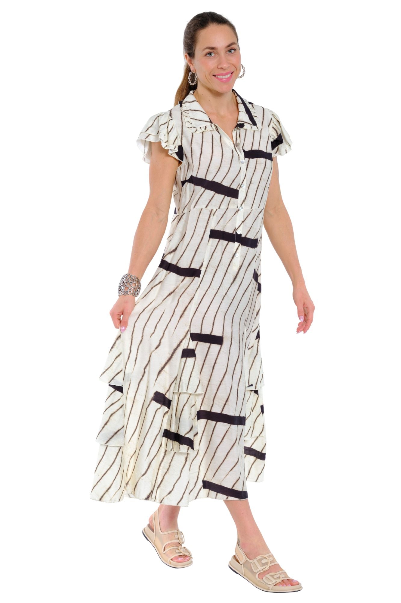 Women's black and white striped ruffle sleeve dress with half placket design