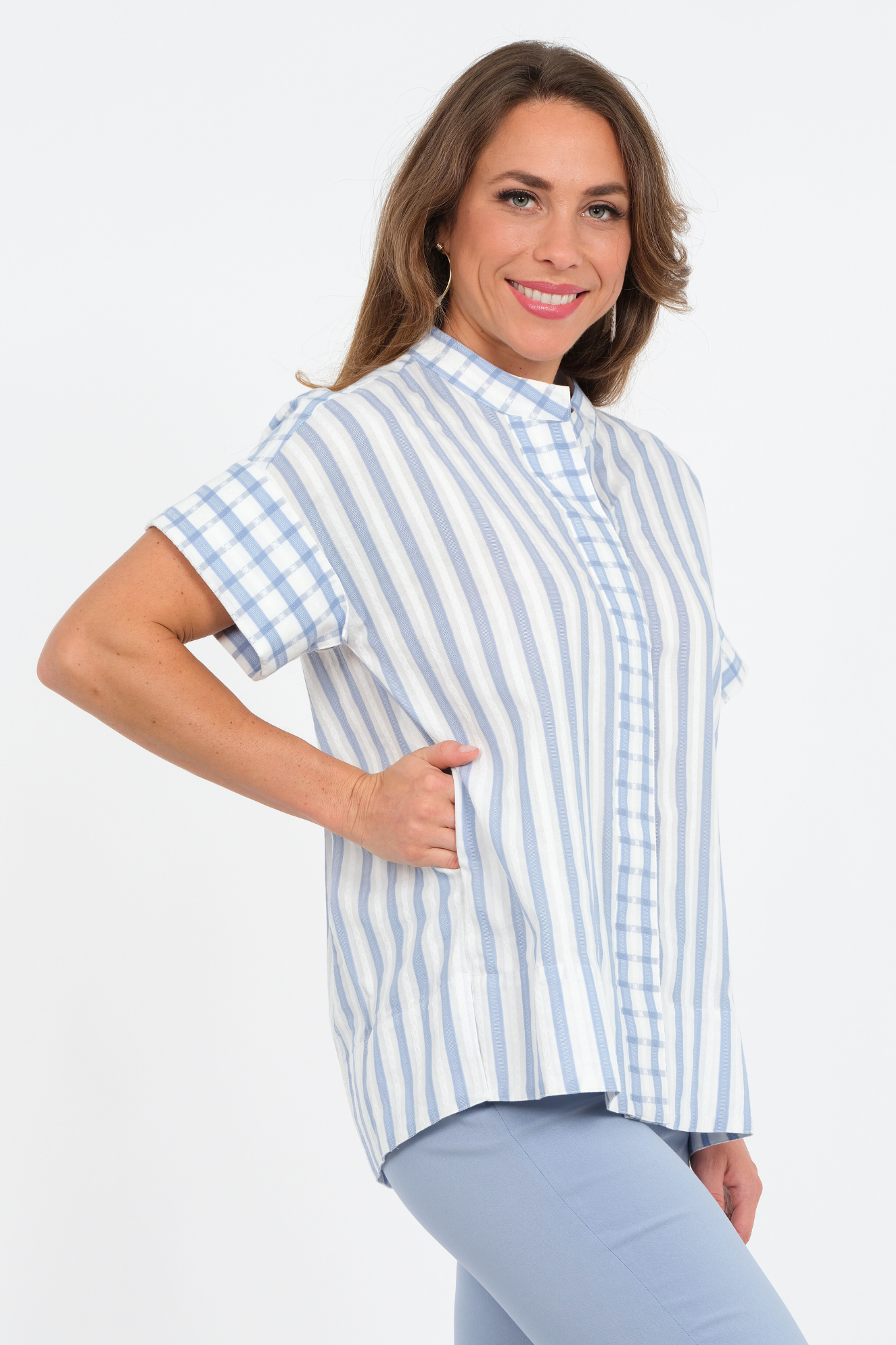 LIOR Women's Short Sleeve Blue Striped Tunic Top With Side Pockets - "Heart"