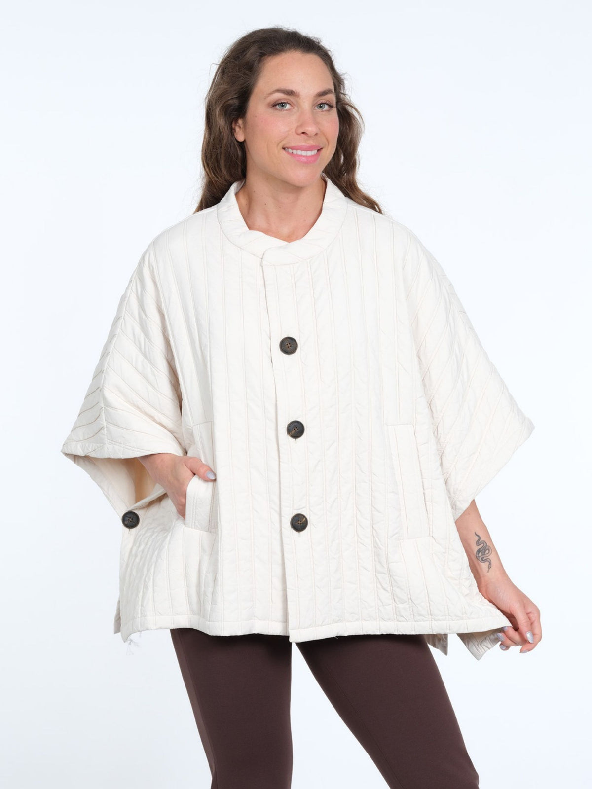Women's Button Front Ecru Quilted Poncho with Pockets - One Size - "Cody"