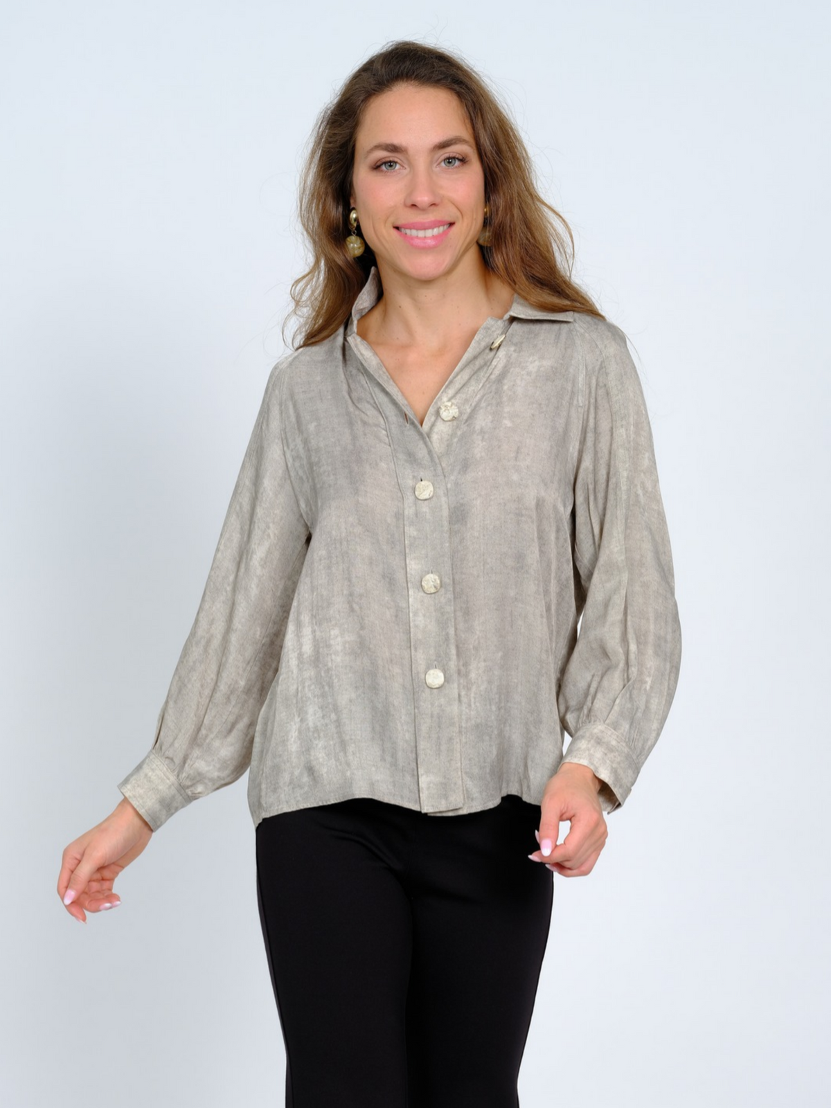LIOR Women's Beige Textured Button Front Blouse Neutral Long Sleeve - "Columbia"