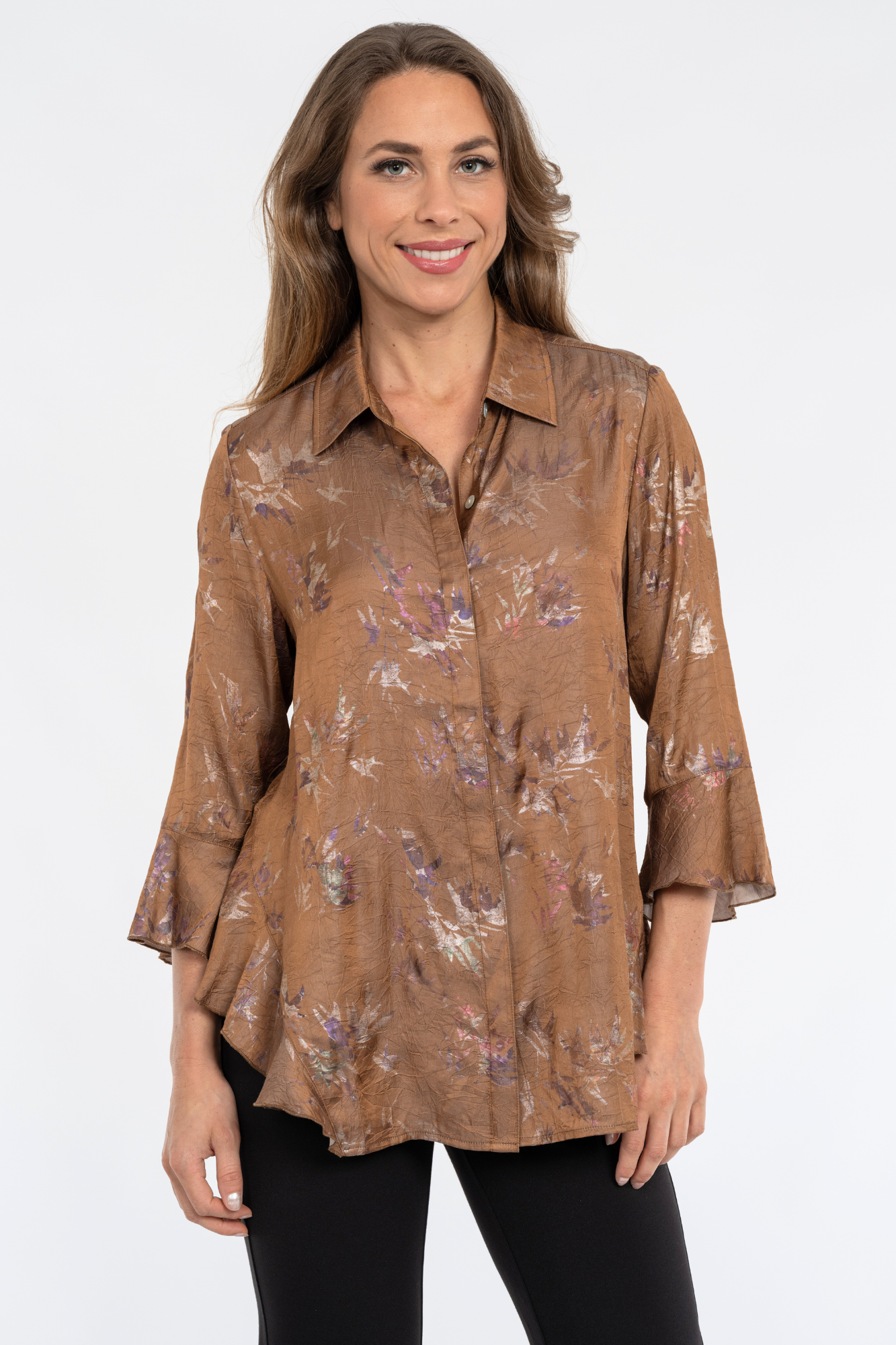 Women's Copper Metallic Print Long Bell Sleeve Blouse-"Happy"