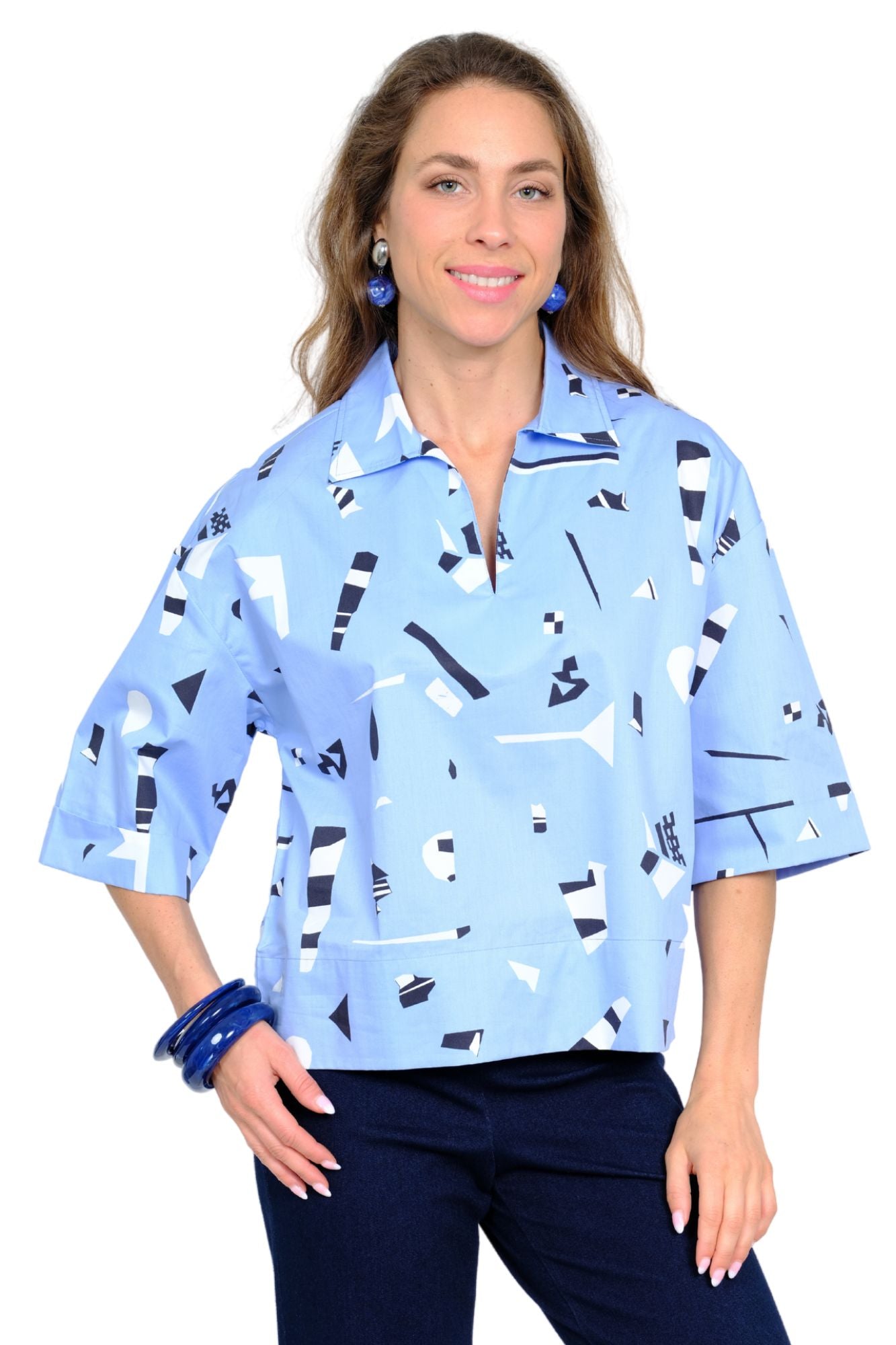 Women’s abstract print blouse with elbow-length sleeves