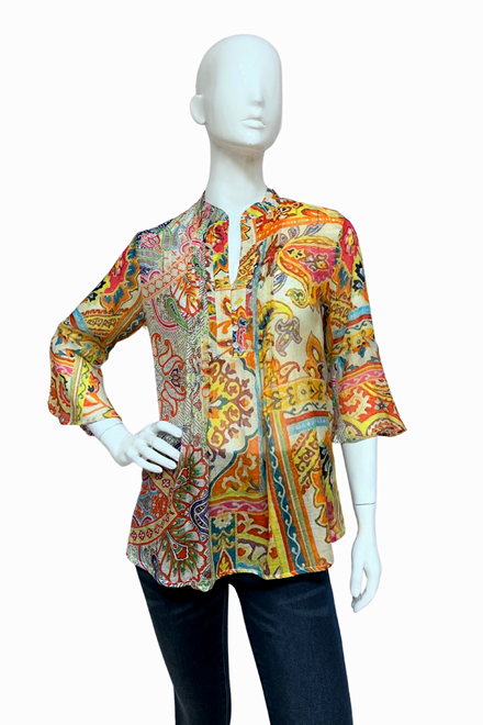 Lior Top Pattern Paisley Block Button Up 3/4 Sleeves Blouse