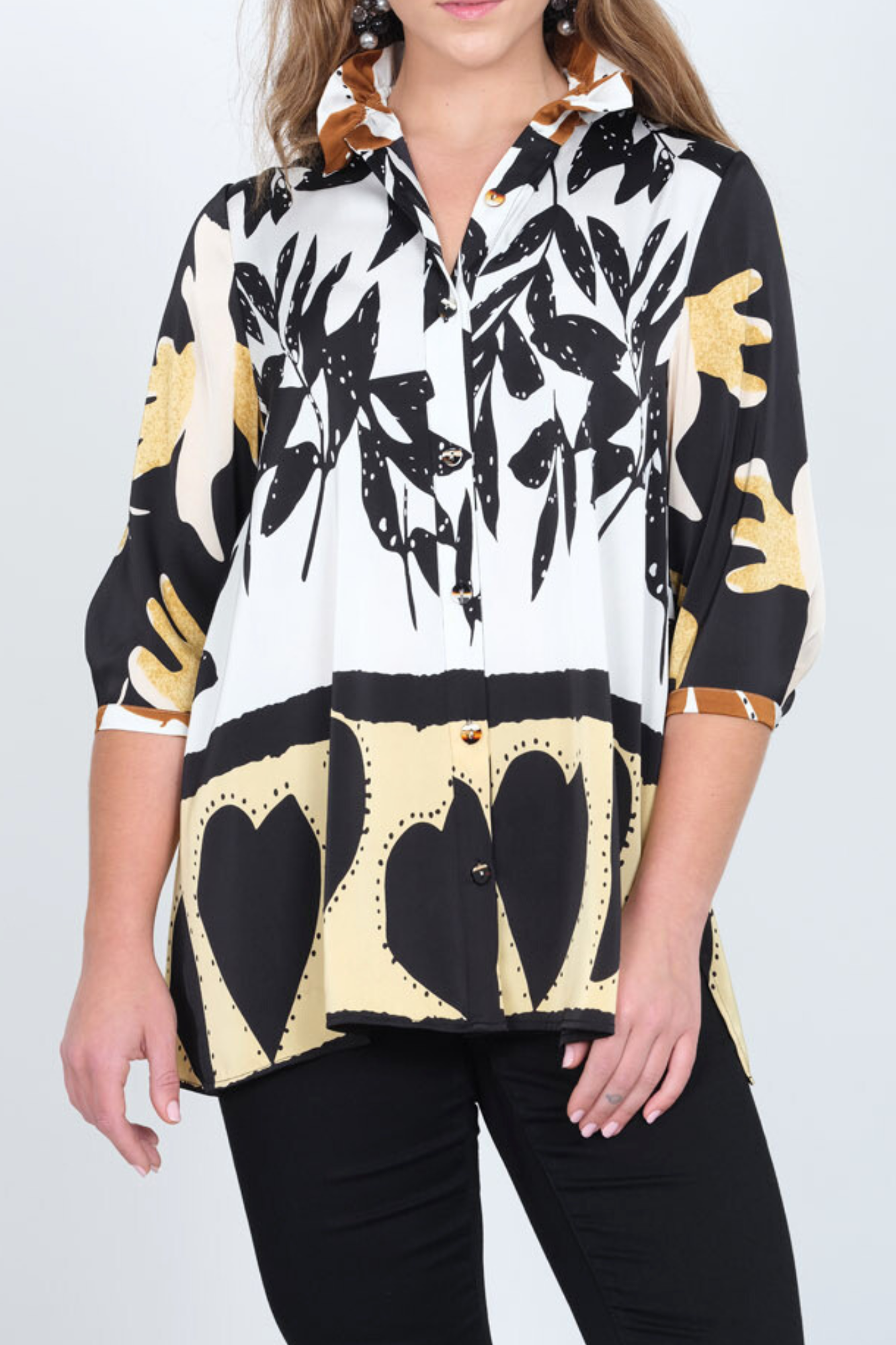 Black & Gold Border Print Wire Collar Tunic Top - Dora LIOR