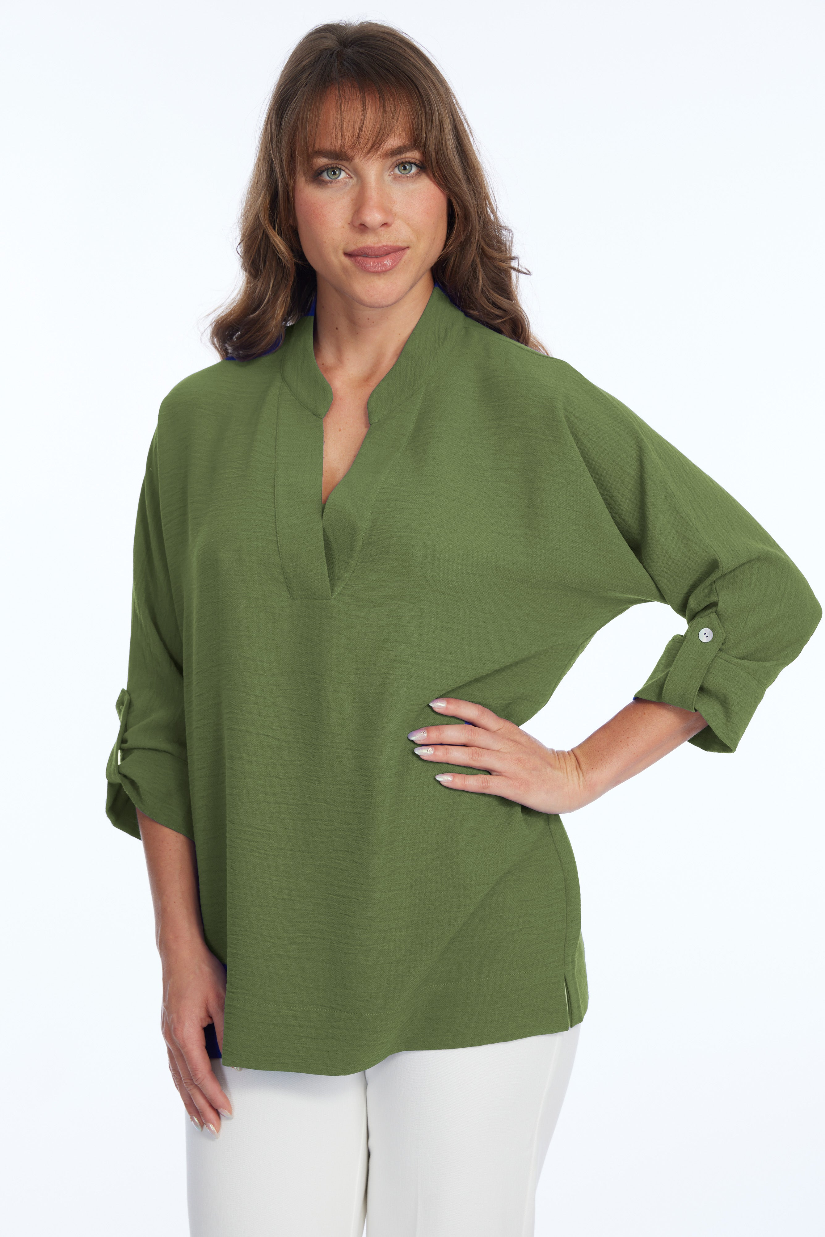 Women's Banded Collar V-Neck 3/4 Roll Tab Sleeve Blouse | Frida