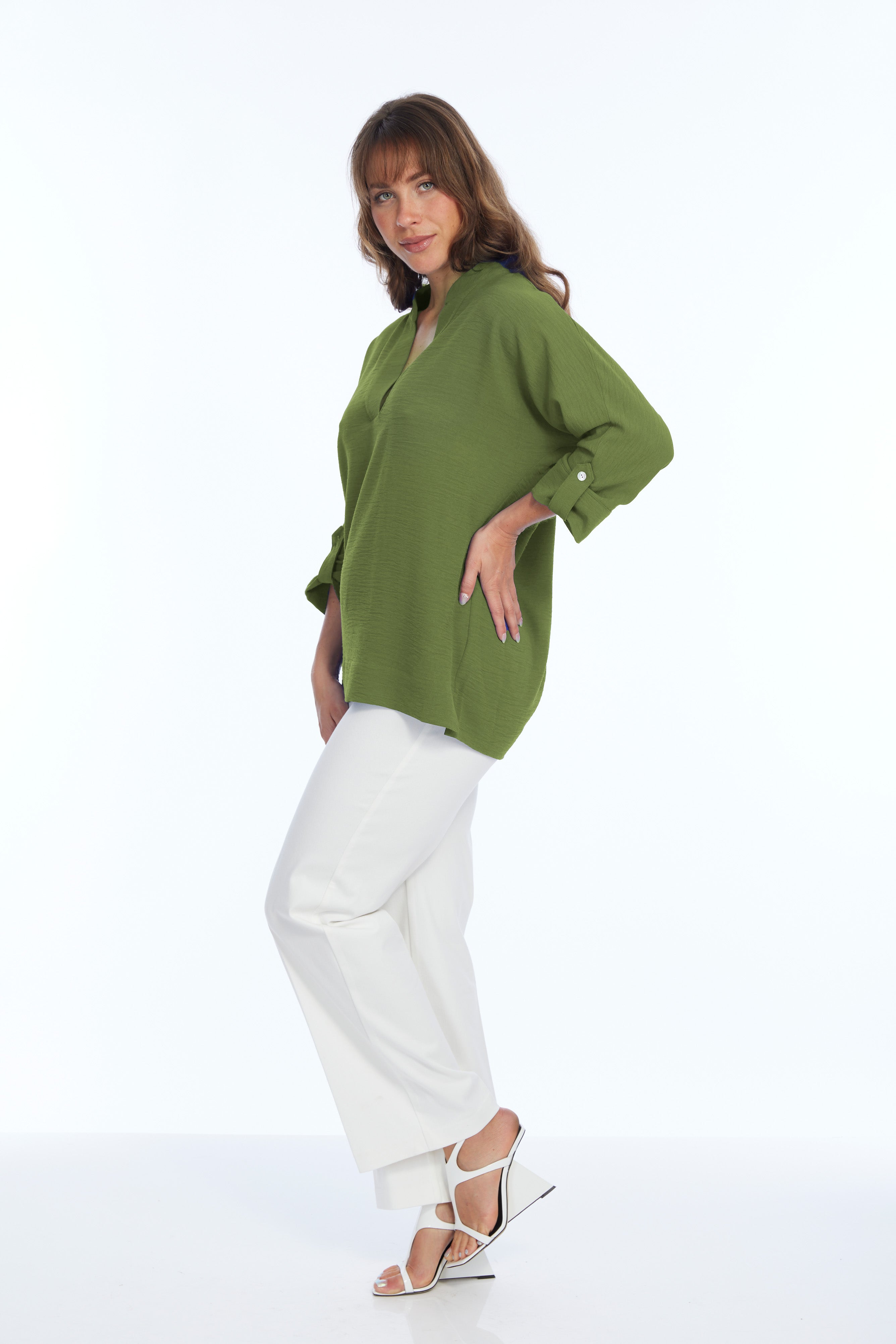 Women's Banded Collar V-Neck 3/4 Roll Tab Sleeve Blouse | Frida