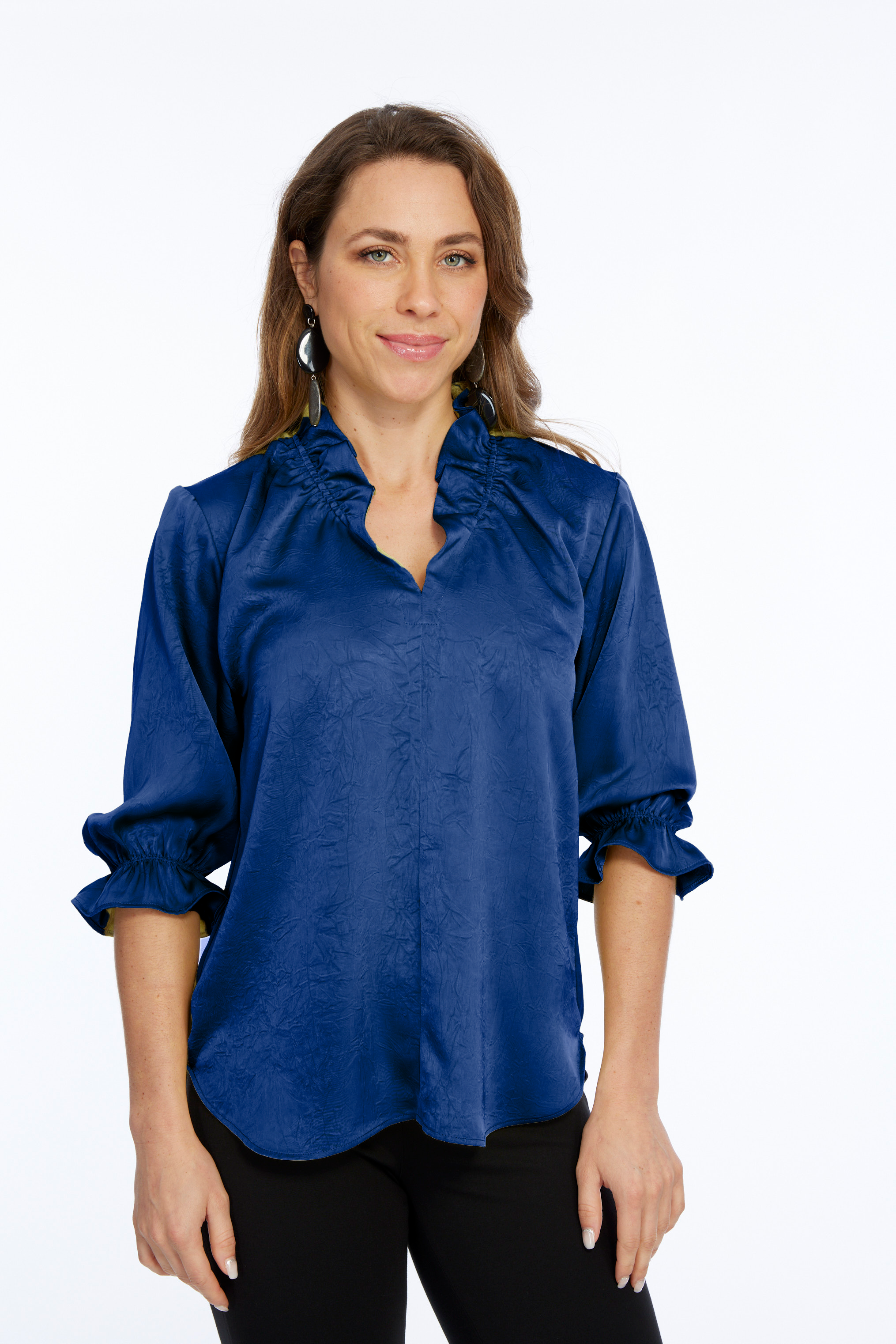 LIOR Women's Blue Jewel Premium Satin 3/4 Ruffle Sleeve Blouse - Hailey