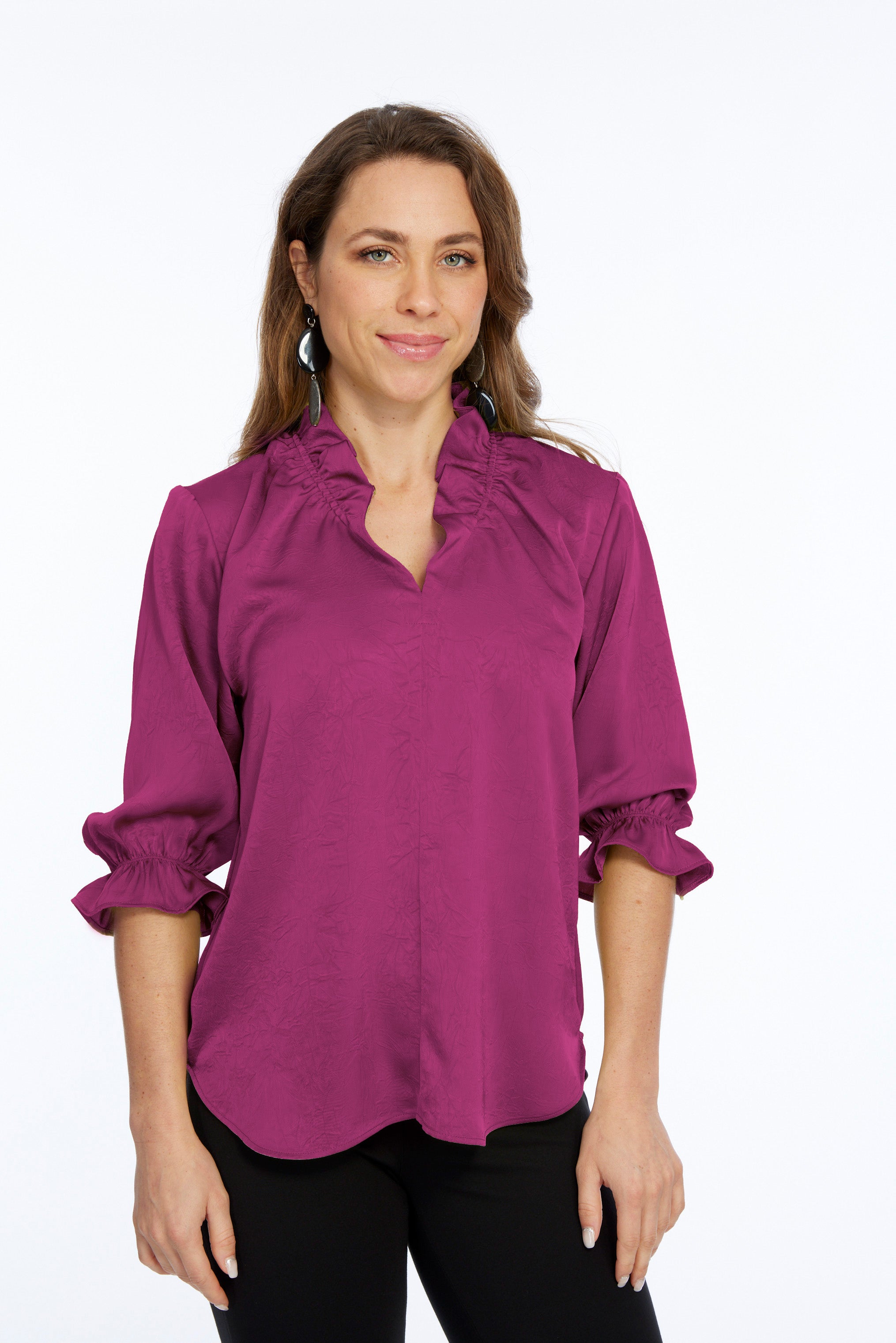 LIOR Women's Premium Satin 3/4 Ruffle Sleeve Blouse - Hailey