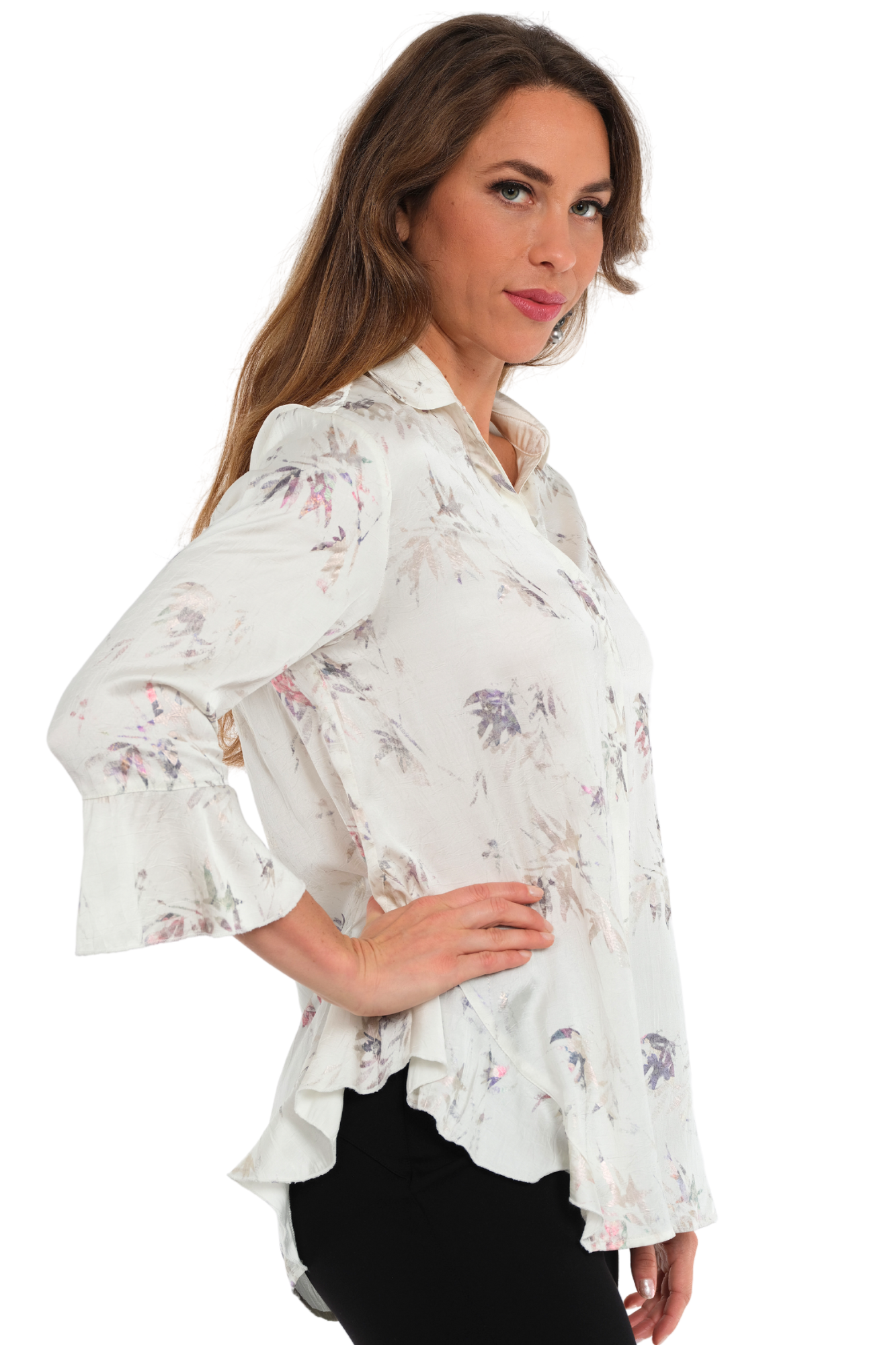 Women's Ivory Metallic Print Long Bell Sleeve Blouse-"Happy"