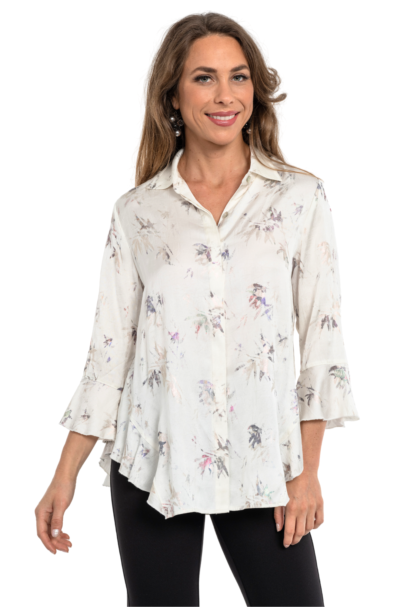 Women's Ivory Metallic Print Long Bell Sleeve Blouse-"Happy"