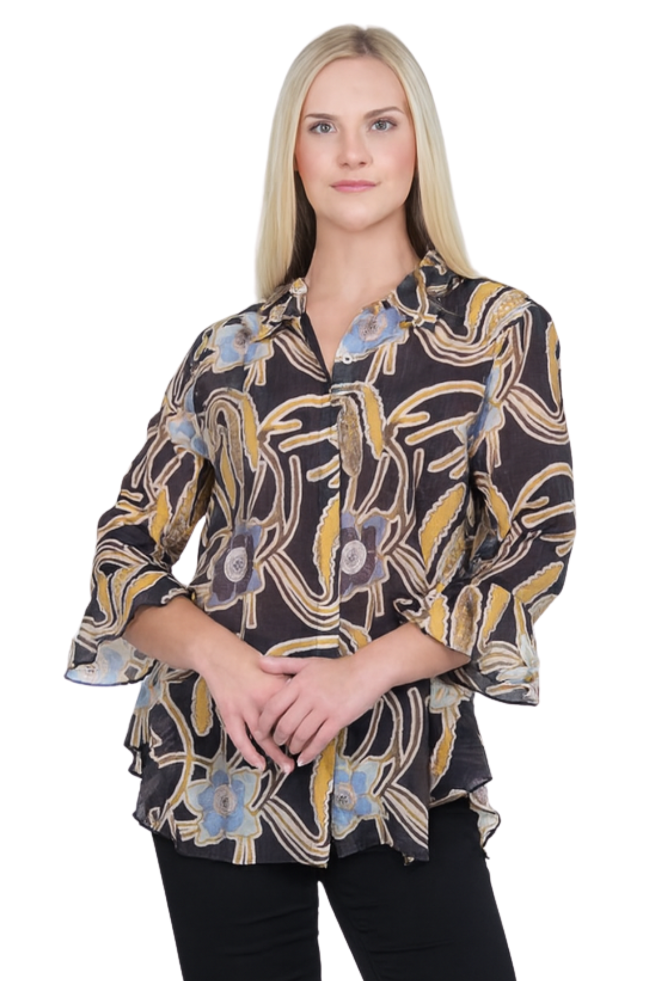 LIOR Women's Brown & Gold Floral Print Bouse - Happy
