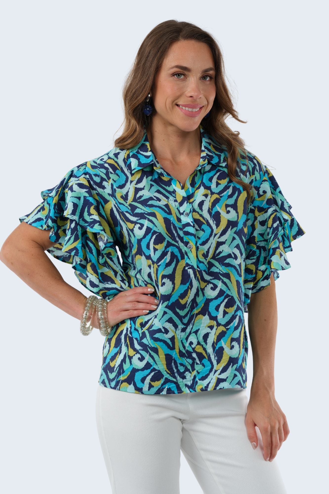 Women's Ruffle Flounce Sleeve Top In Turquoise Swirl Print - Harmony