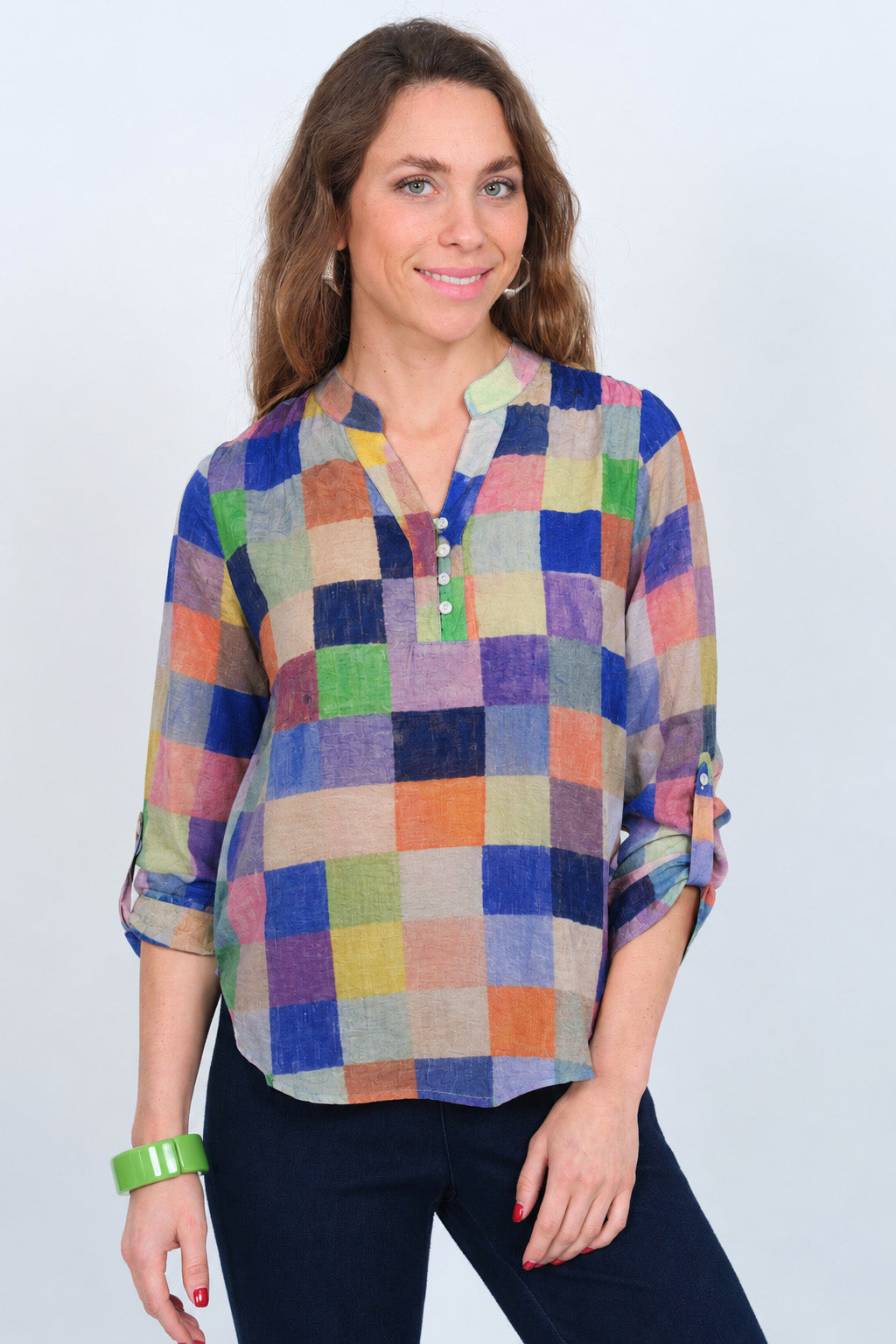 Lior Women's Colorful Checkered Pull Over Blouse With Roll Tab Sleeves  - "JOELLE"