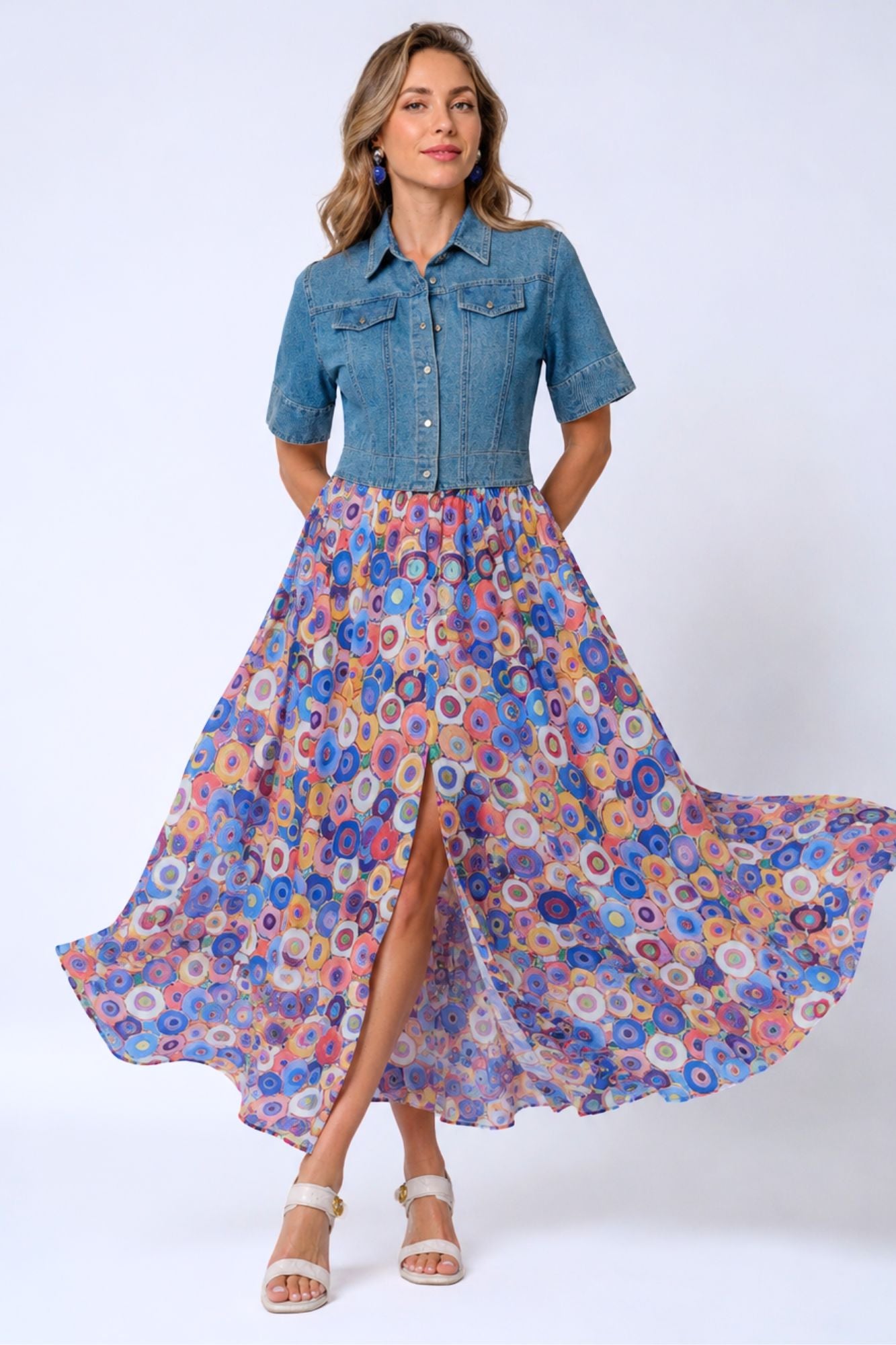 Lior Women's Denim Mixed Print Maxi Dress for Women With Flowy Silhouette - "KODAK"