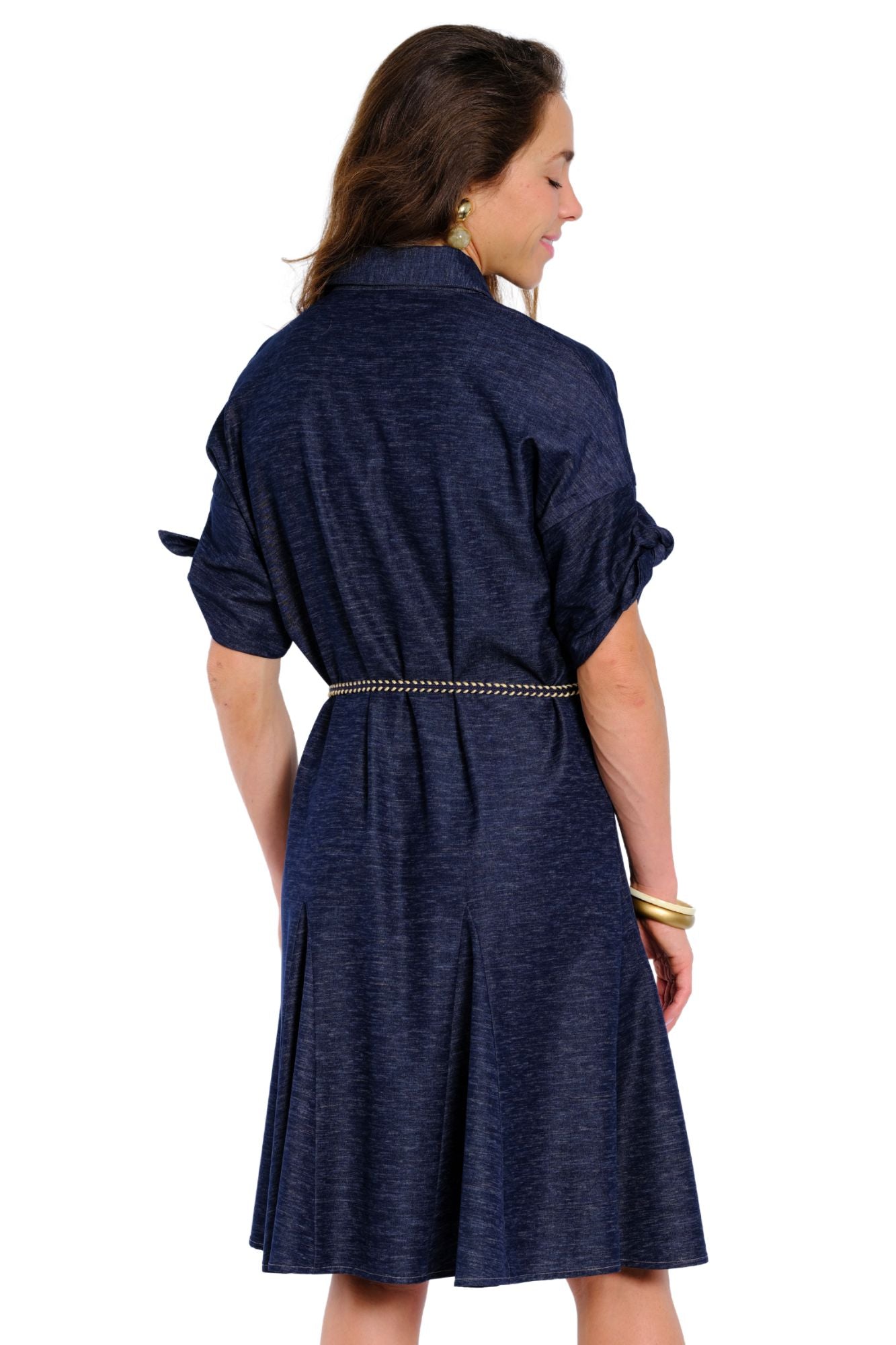 LIOR Mae casual denim travel dress with collared neckline and flattering fit-and-flare silhouette