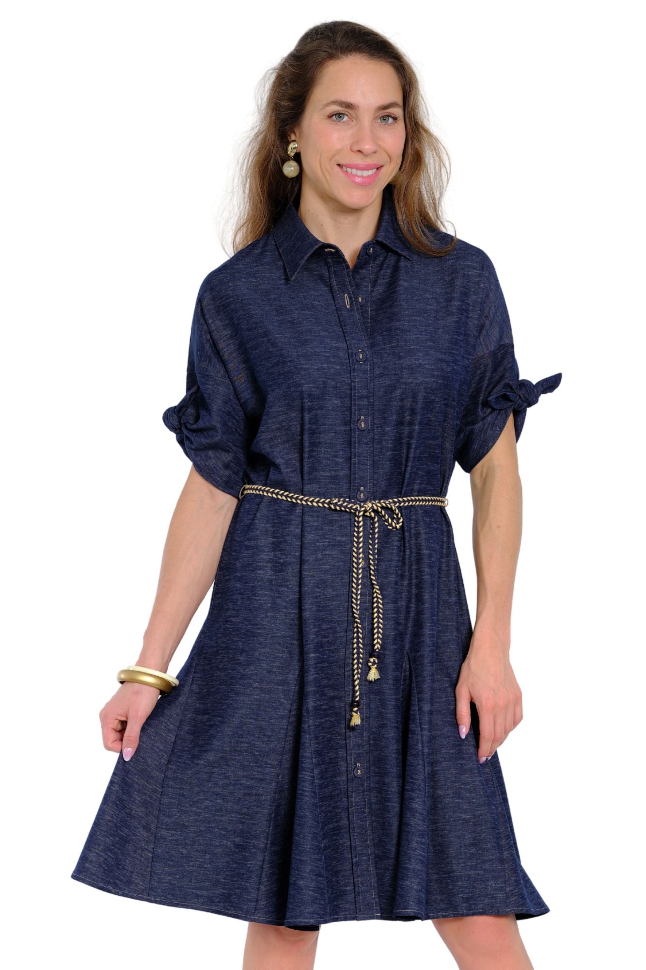 Women’s chambray button-down shirt dress by LIOR in navy with adjustable belt