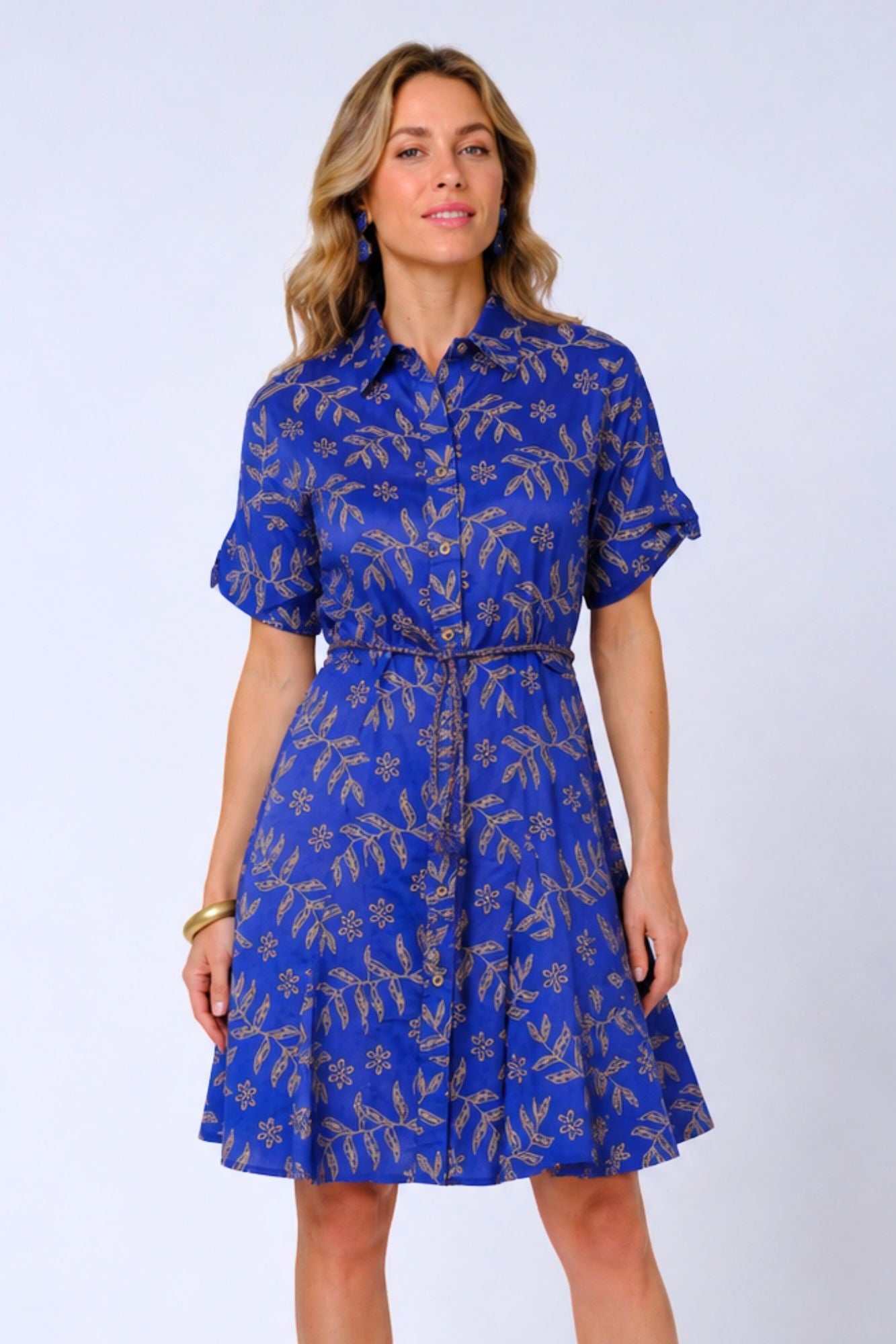LIOR Women's Blue Floral Shirt Dress With Flounce Bottom & Waist Tie - "Mae"