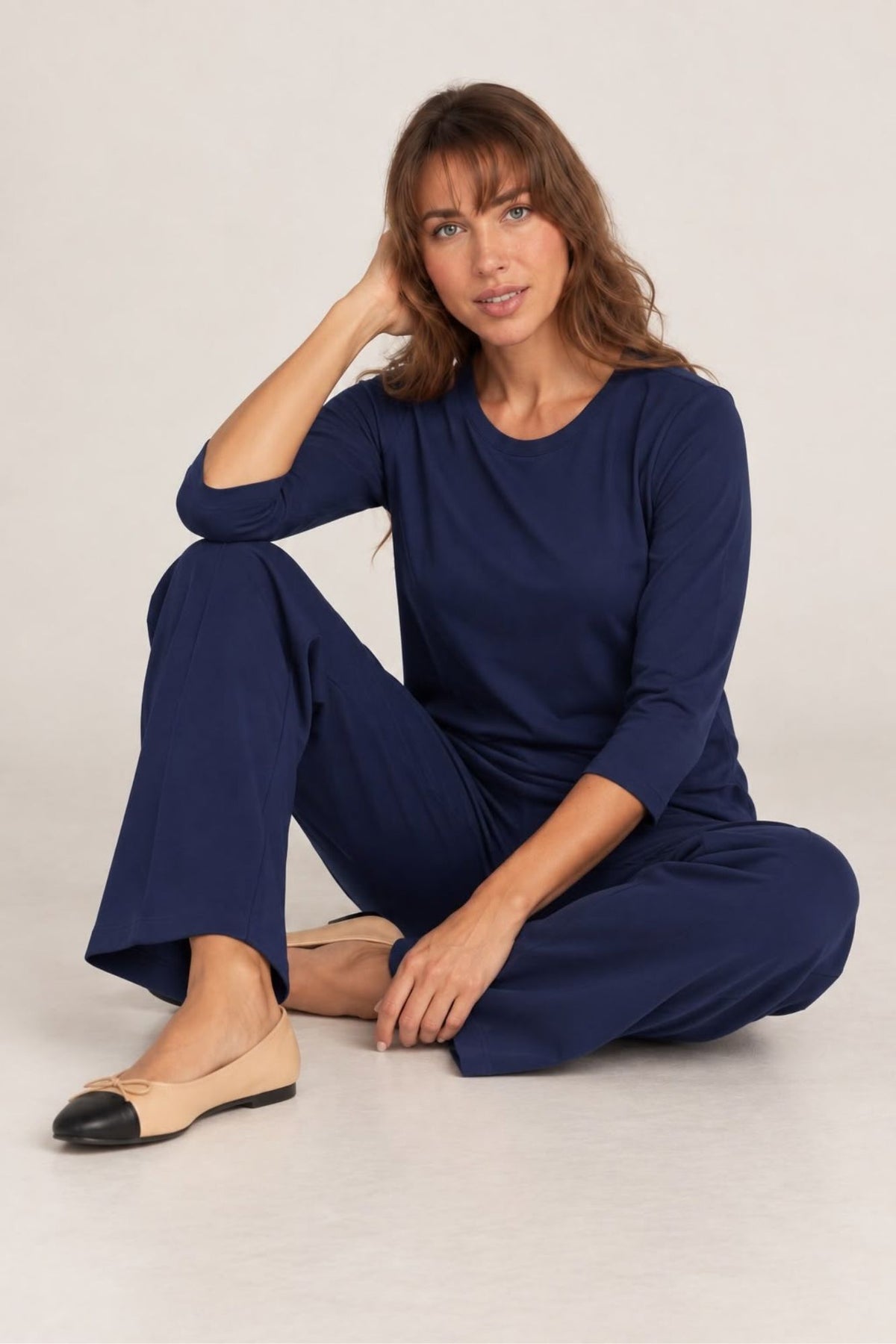 Women's 2 Piece Oxford Leisure Set Ft. Zofi 3/4 Knit Top & 28" Inseam Pull On Tapered Pant - "Zia"