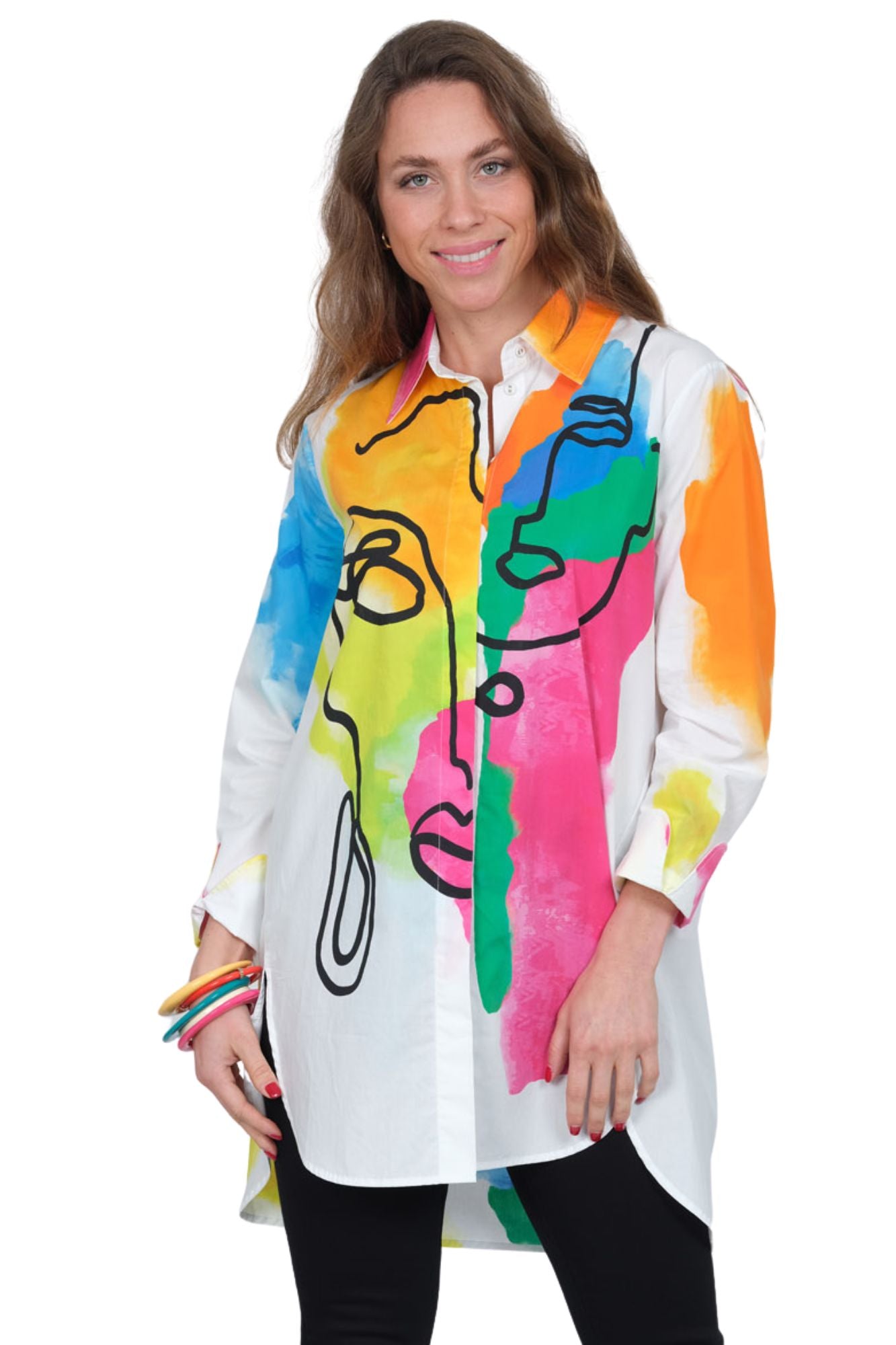 Abstract face print button down shirt for women with colorful watercolor design and high low hem