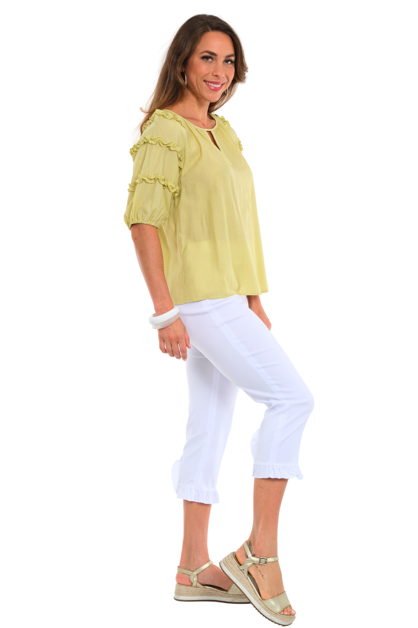 LIOR Women's White Ruffle Bottom Pull-On Capri Made In France - "Fly"