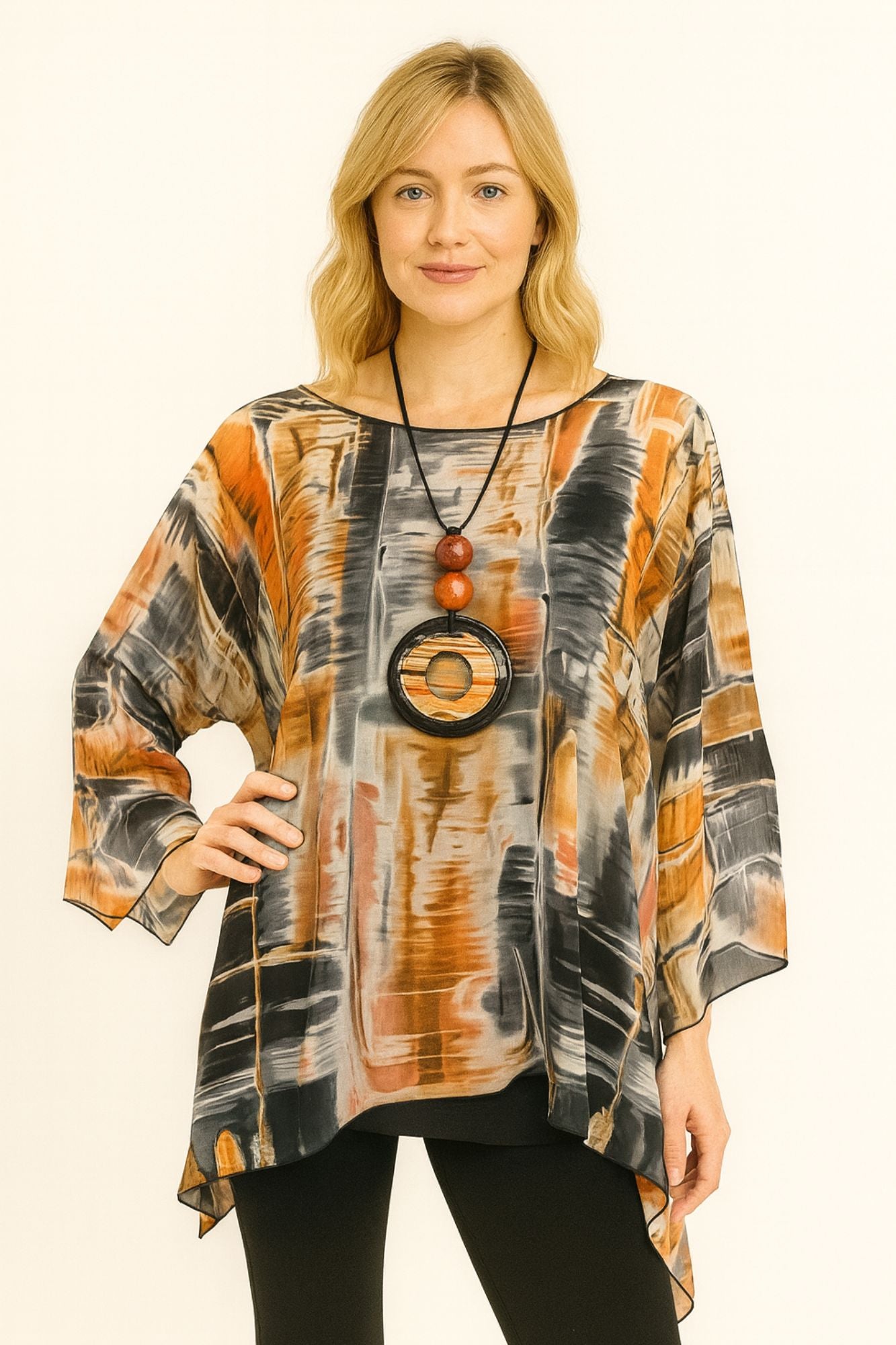 LIOR Women's Abstract Brushstroke Chiffon One Size Blouse 3/4 Sleeve