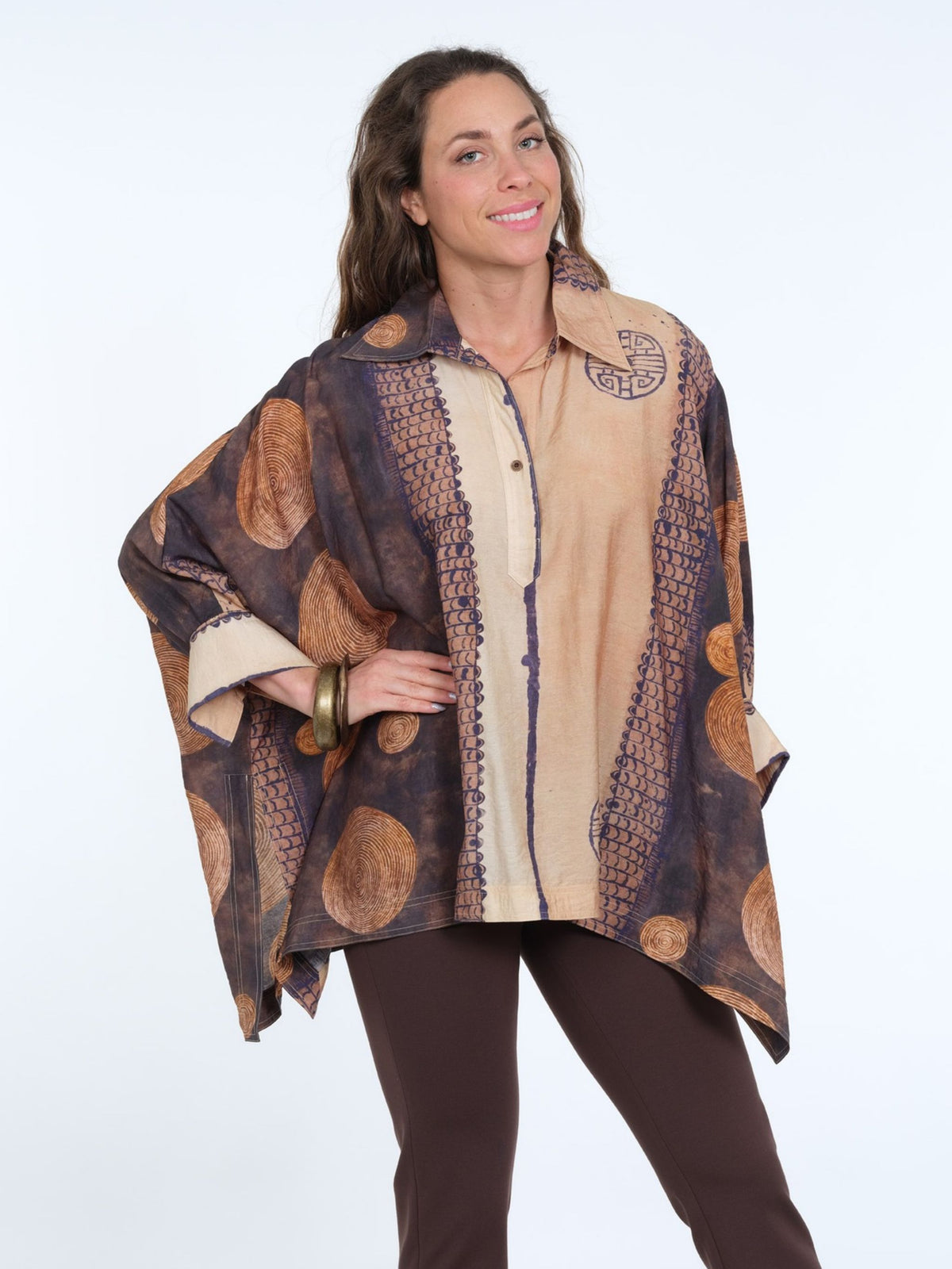 Women's Earth Brown Geometric Print One Size Collared Handkerchief Tunic - Flowy & Fits All - "S128"