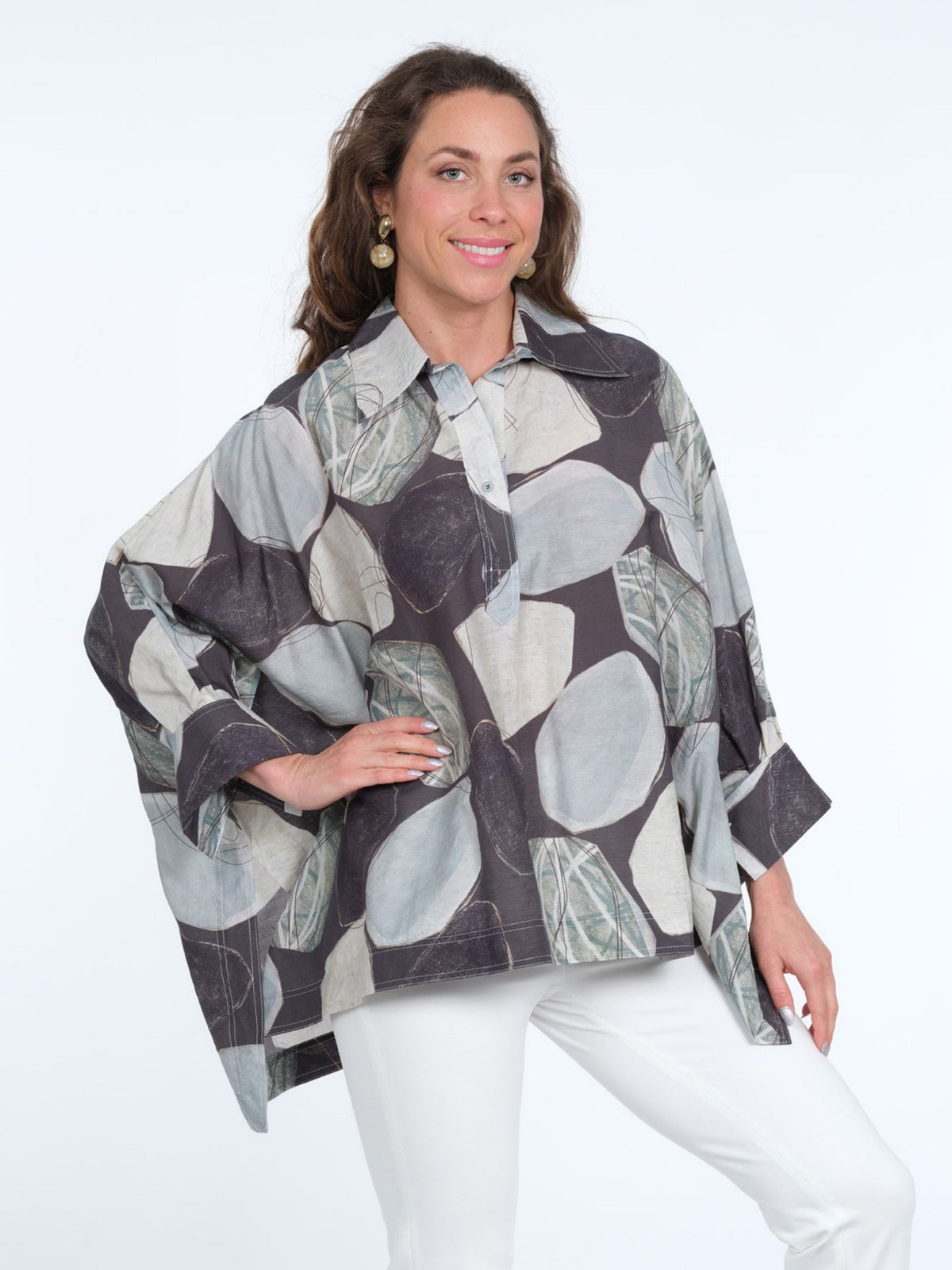 Women's Taupe & Beige Mosaic Print One Size Collar Tunic Top - Flowy & Fits All - "S128"