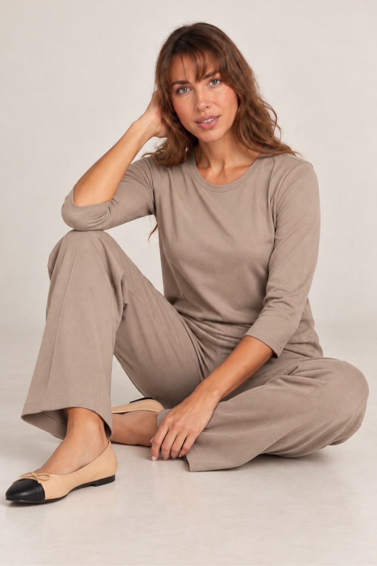 Women's 2 Piece Soft Taupe Leisure Set Ft. Zofi 3/4 Knit Top & 28" Inseam Pull On Tapered Pant - "Zia"