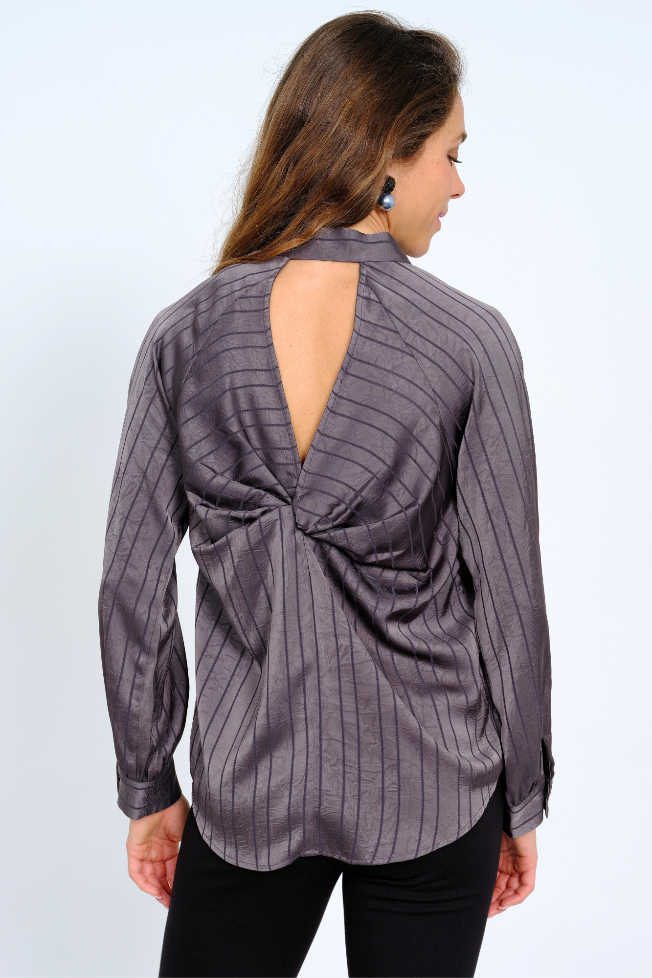 Women's Elegant Grey Silky Satin Button Front Blouse With Cut Out Back - "Camryn"