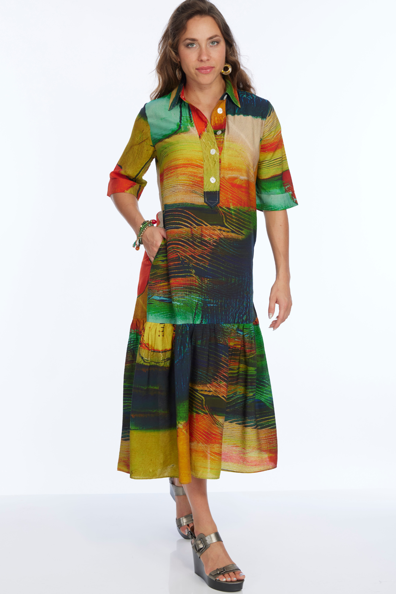 Sunset Abstract Dress Button-Down Collar VEGA | LIOR