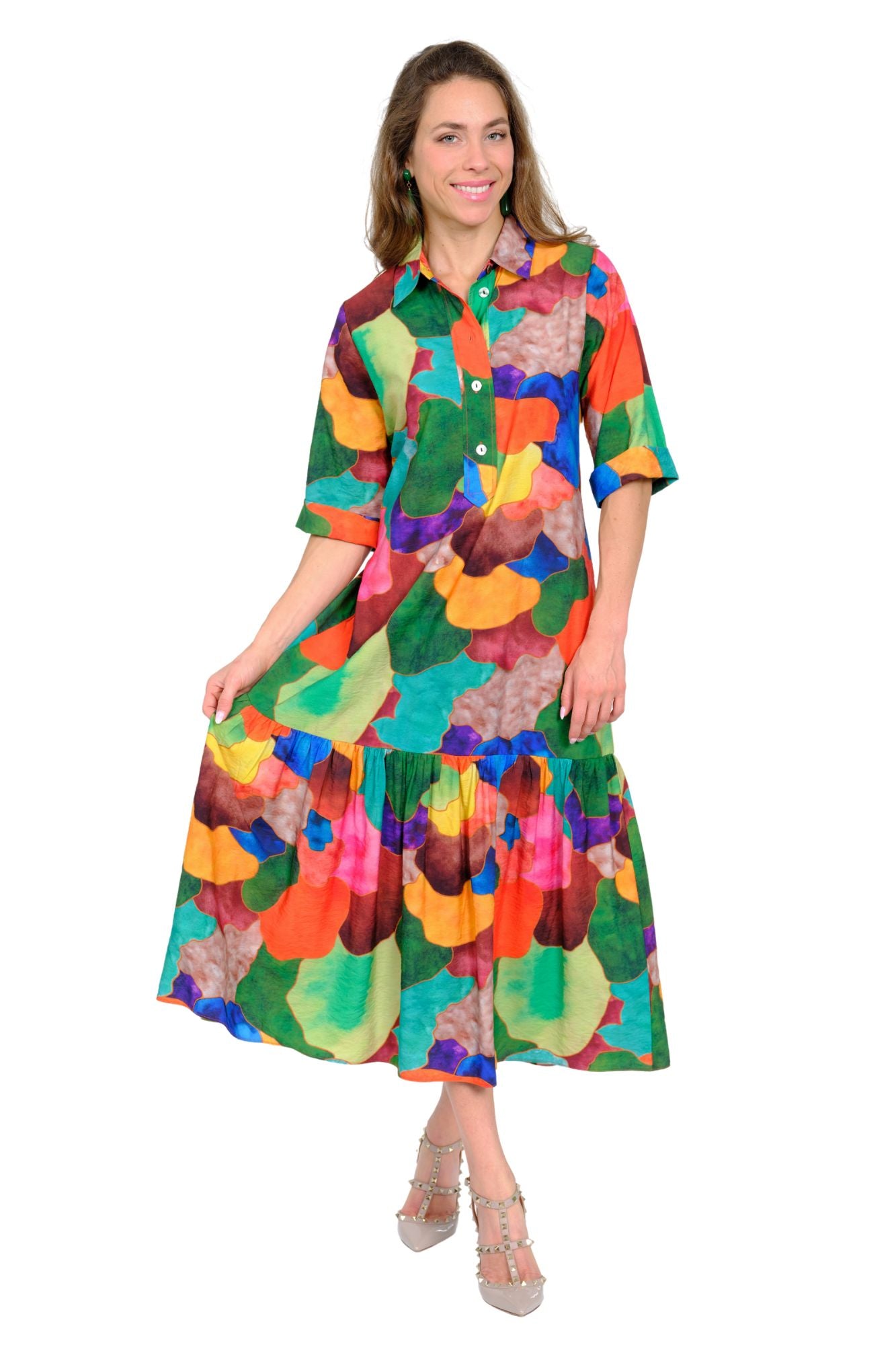 LIOR Women's Colorful Button Front Midi Dress 3/4 Sleeves - "Vega"