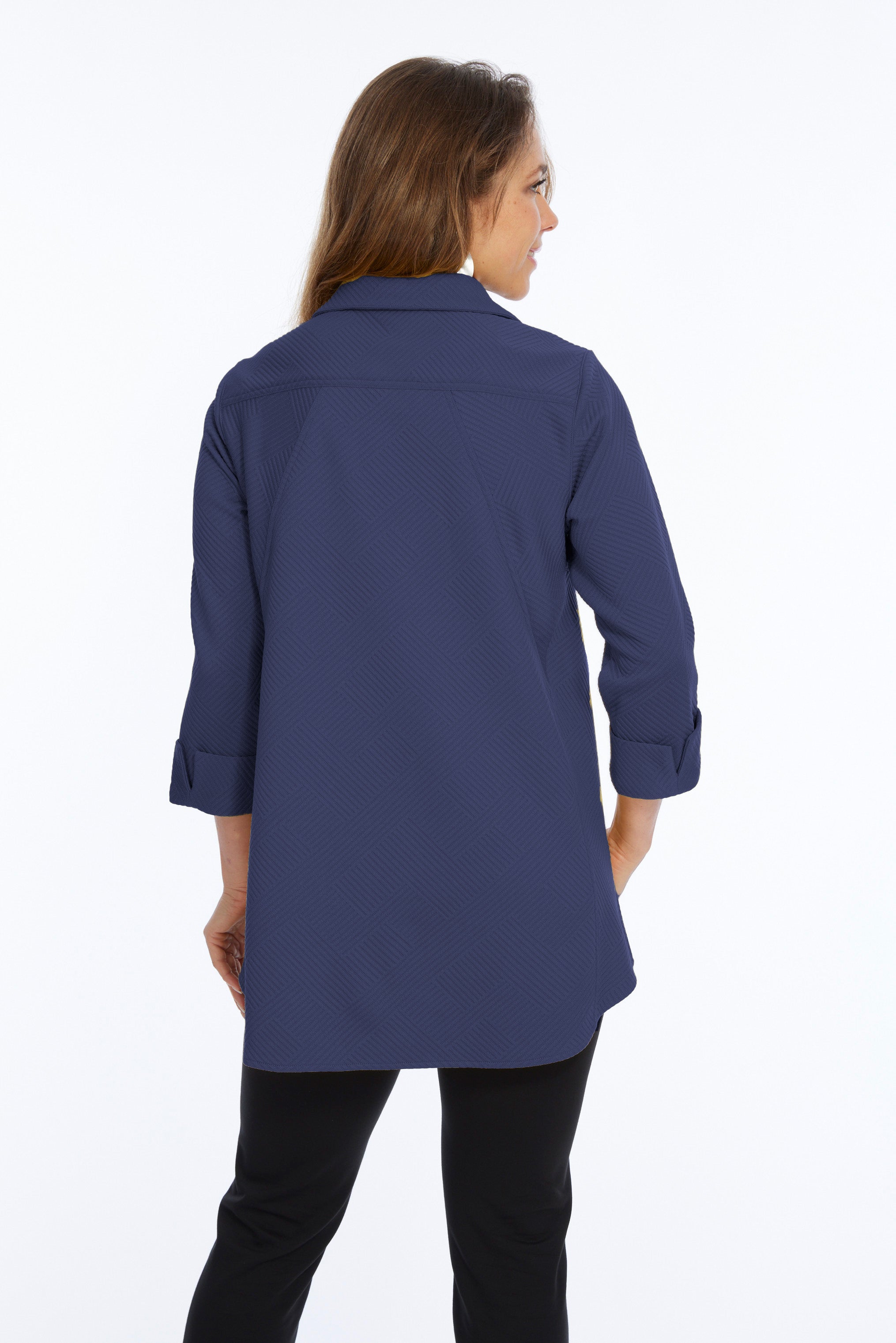 LIOR Women's Navy Textured Knit Button Up Side Pockets - "Vella"