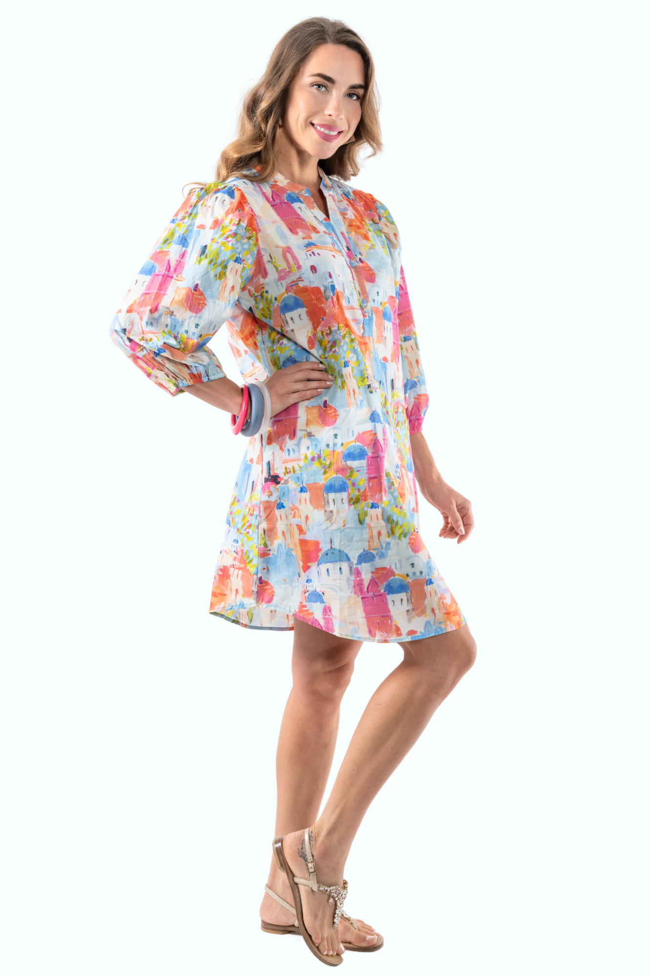 Women's City Scape Print Short Dress Long Sleeves-"Darcy"