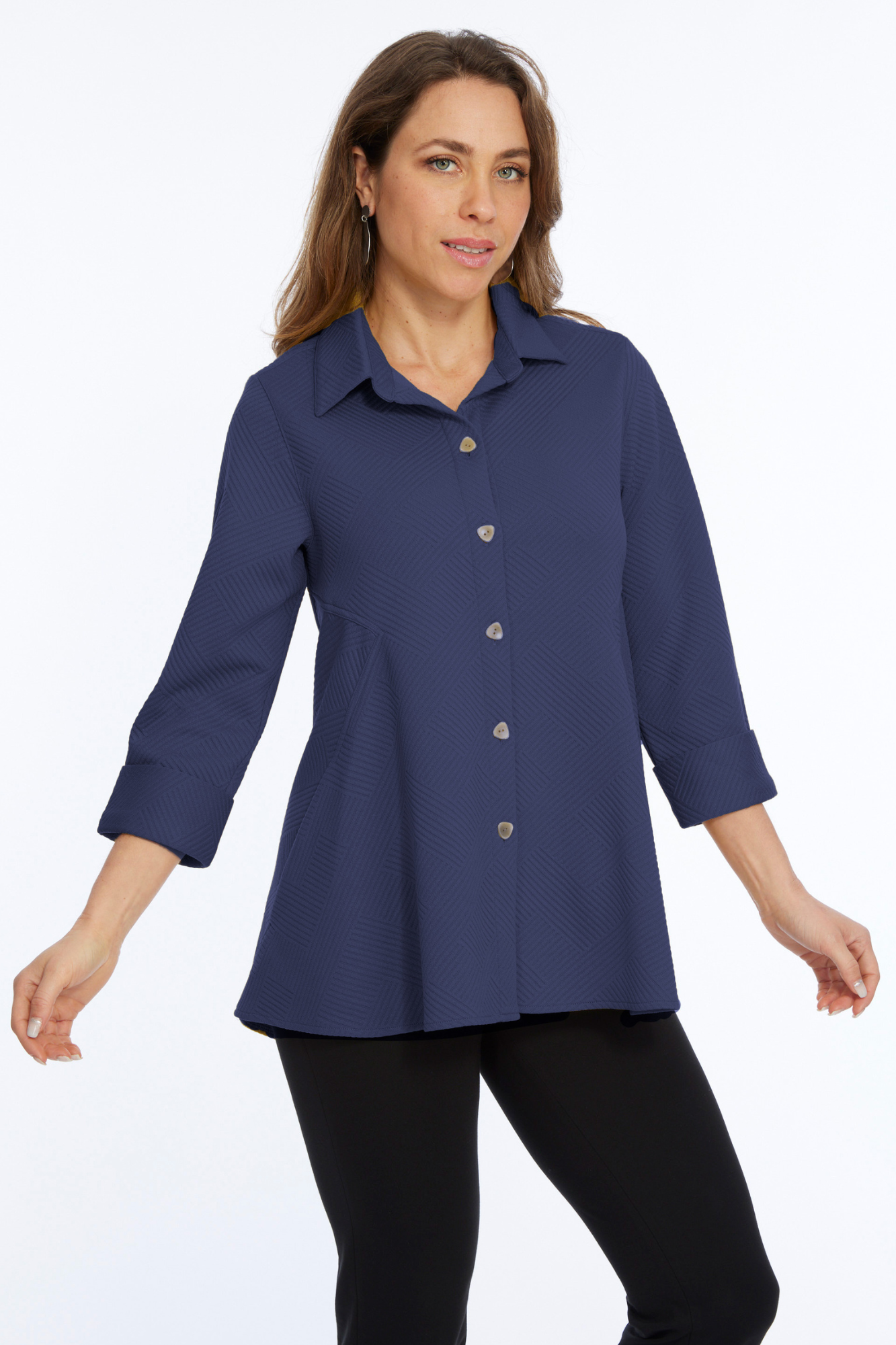 LIOR Women's Navy Textured Knit Button Up Side Pockets - "Vella"