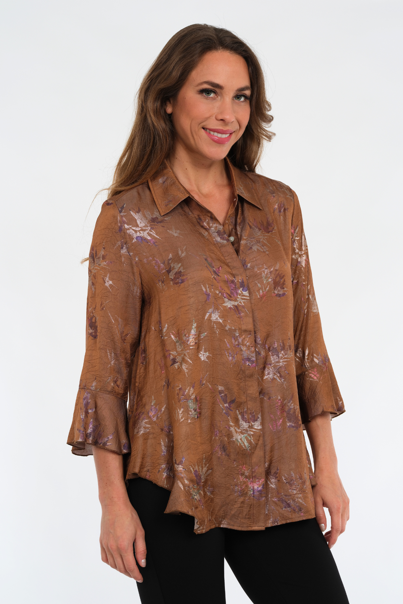 Women's Copper Metallic Print Long Bell Sleeve Blouse-"Happy"