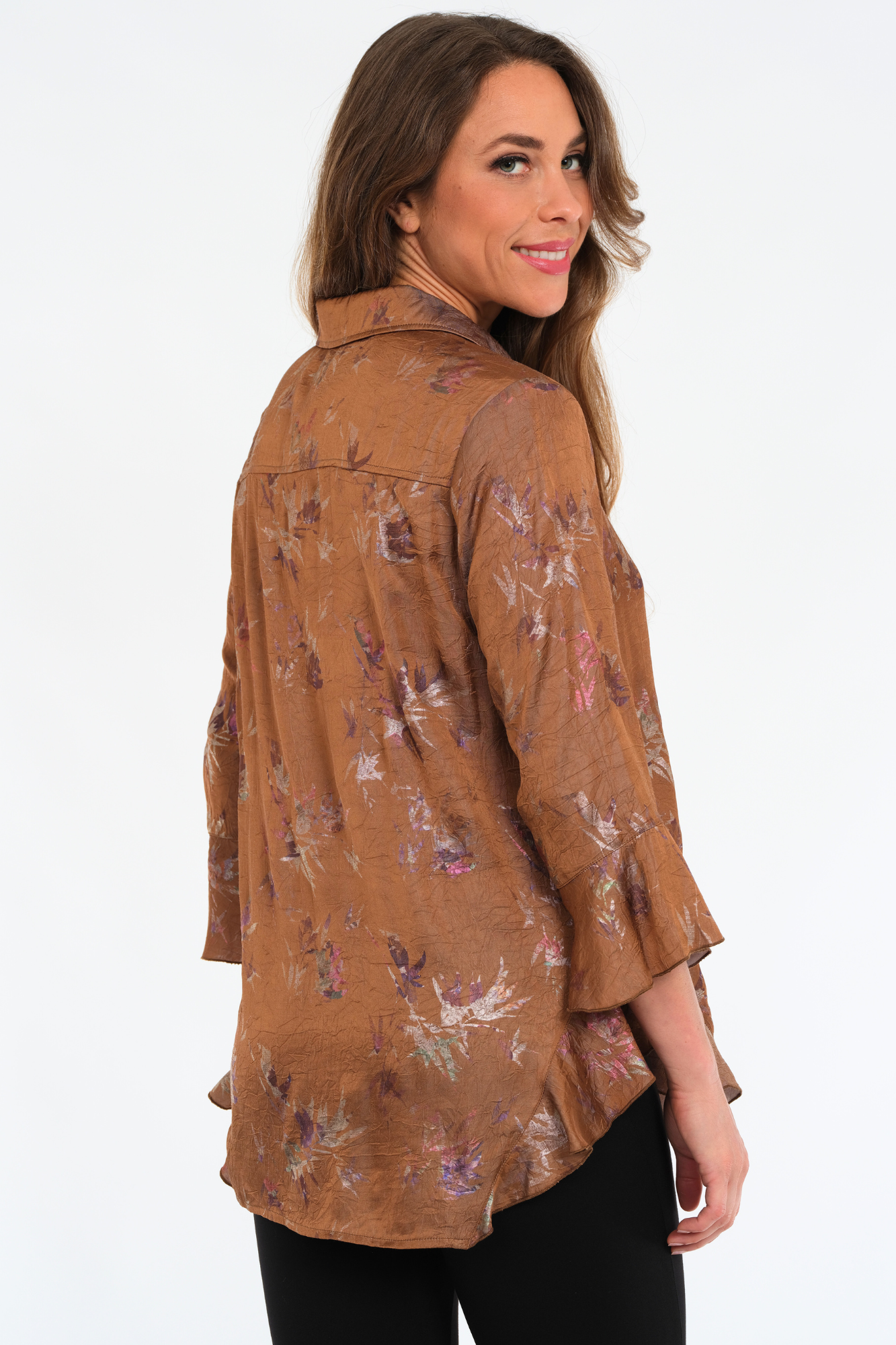 Women's Copper Metallic Print Long Bell Sleeve Blouse-"Happy"