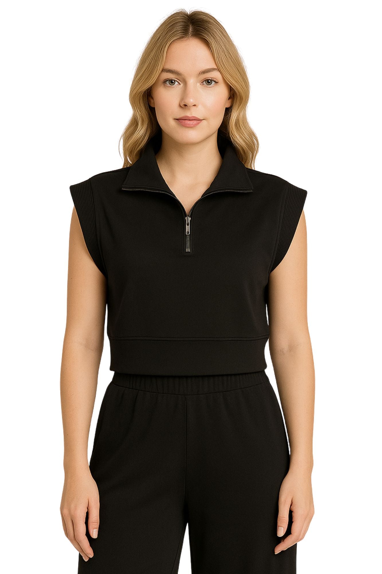 Cropped Cap Sleeve Top With Zip Up Collar - "Zac T