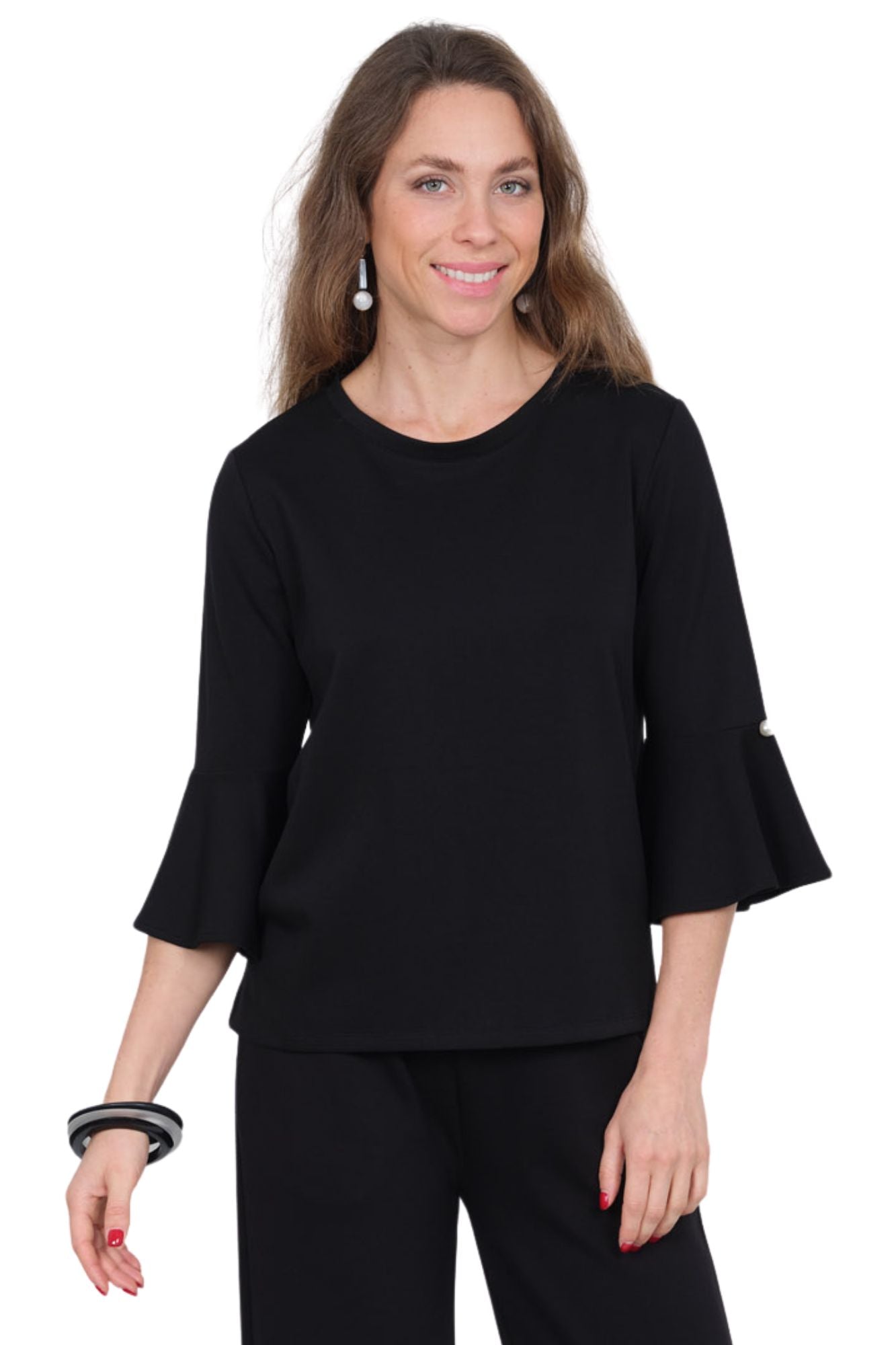 Solid Bell Sleeve Knit Top Round Neck - Black| ZEE | LIOR