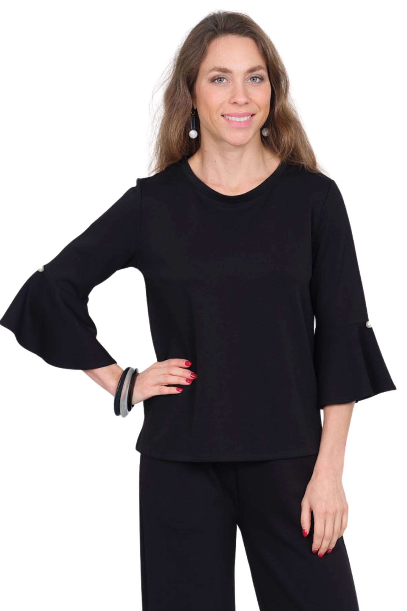 Solid Bell Sleeve Knit Top Round Neck - Black| ZEE | LIOR