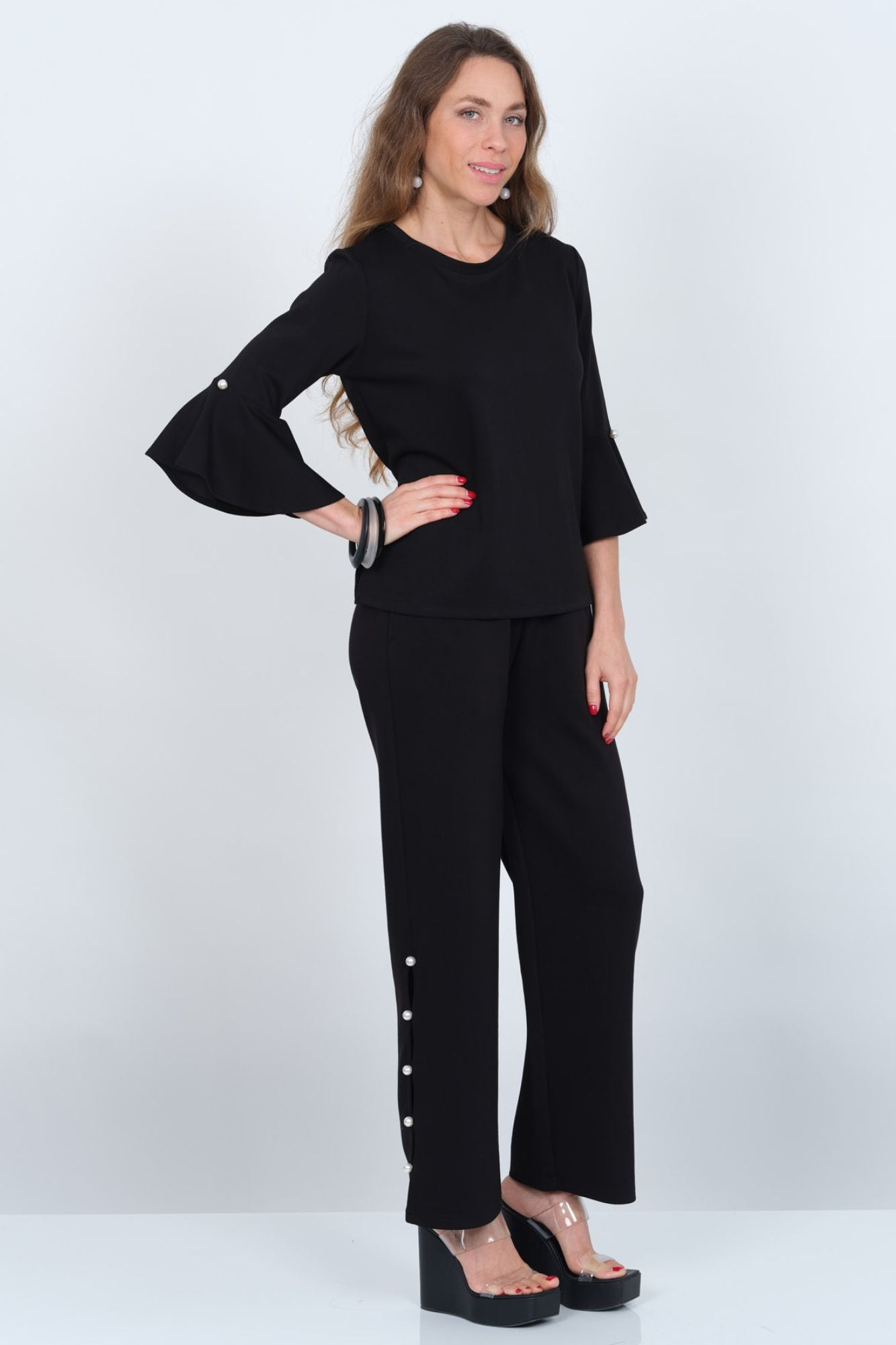 Solid Bell Sleeve Knit Top Round Neck - Black| ZEE | LIOR