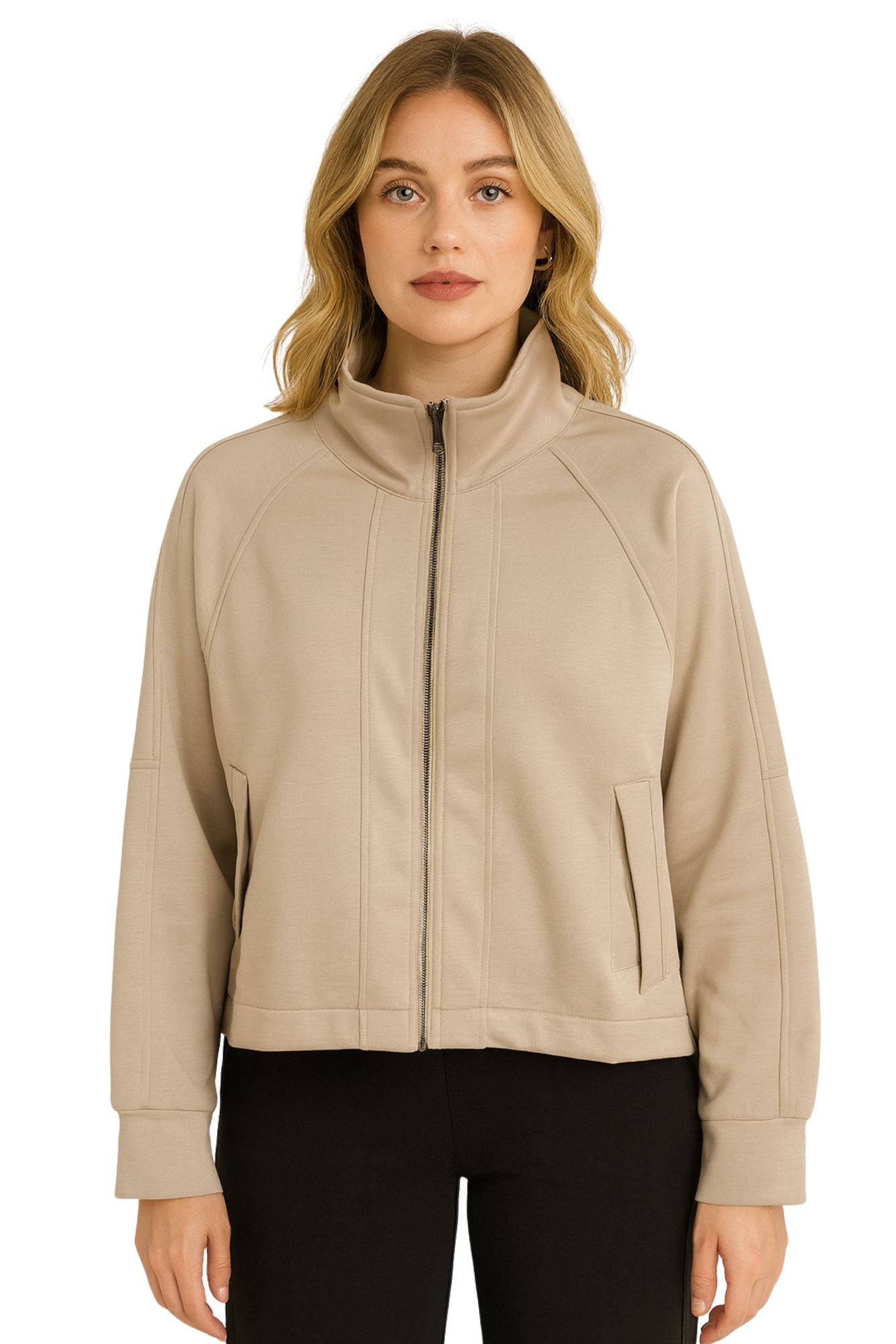 Women's Buttery Scuba Knit Zip-Up Jacket – Mock Neck Athleisure Layer with Pockets