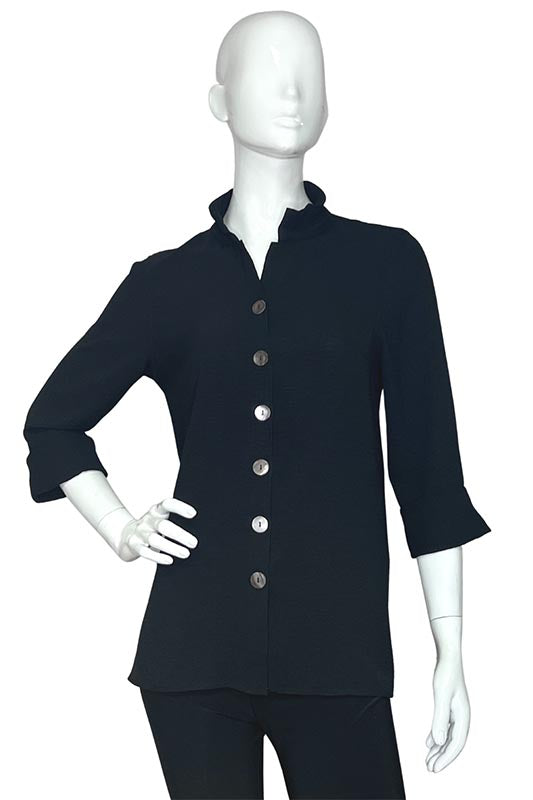 Women's Stand Up Wire Collar 3/4 Shirt With Shell Buttons